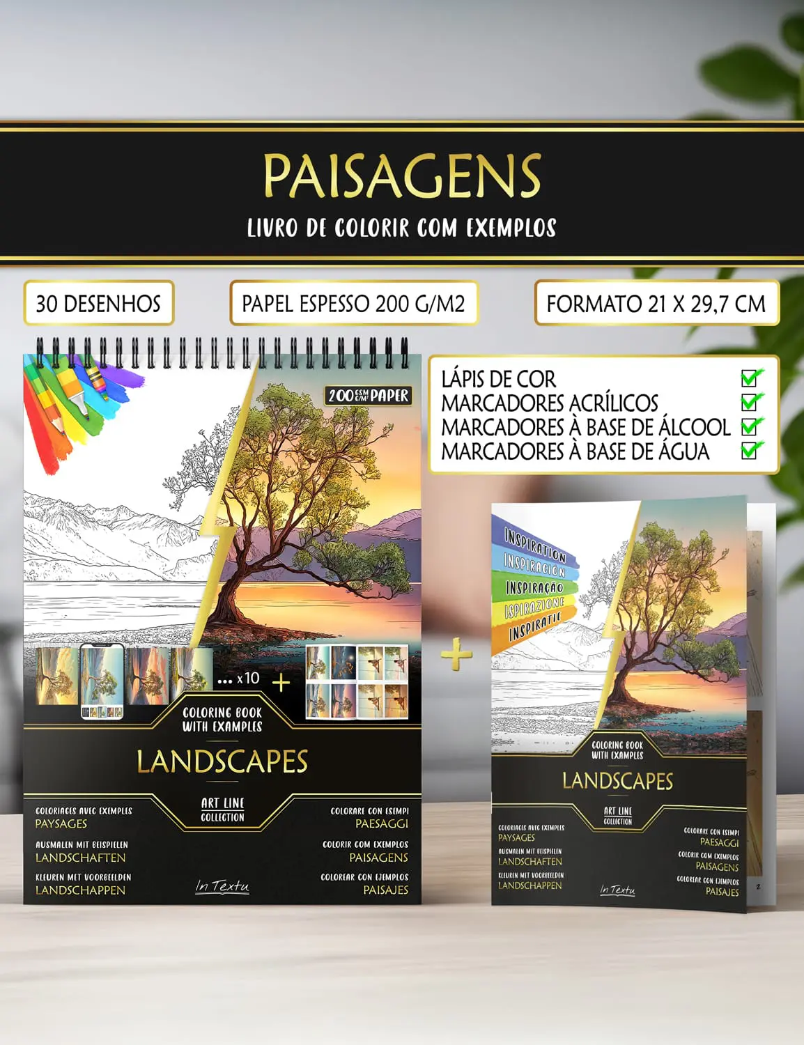 Caderno de exemplos de "Paisagens", em papel grosso A4, ideal para lápis de cor e marcadores à base de água ou álcool.