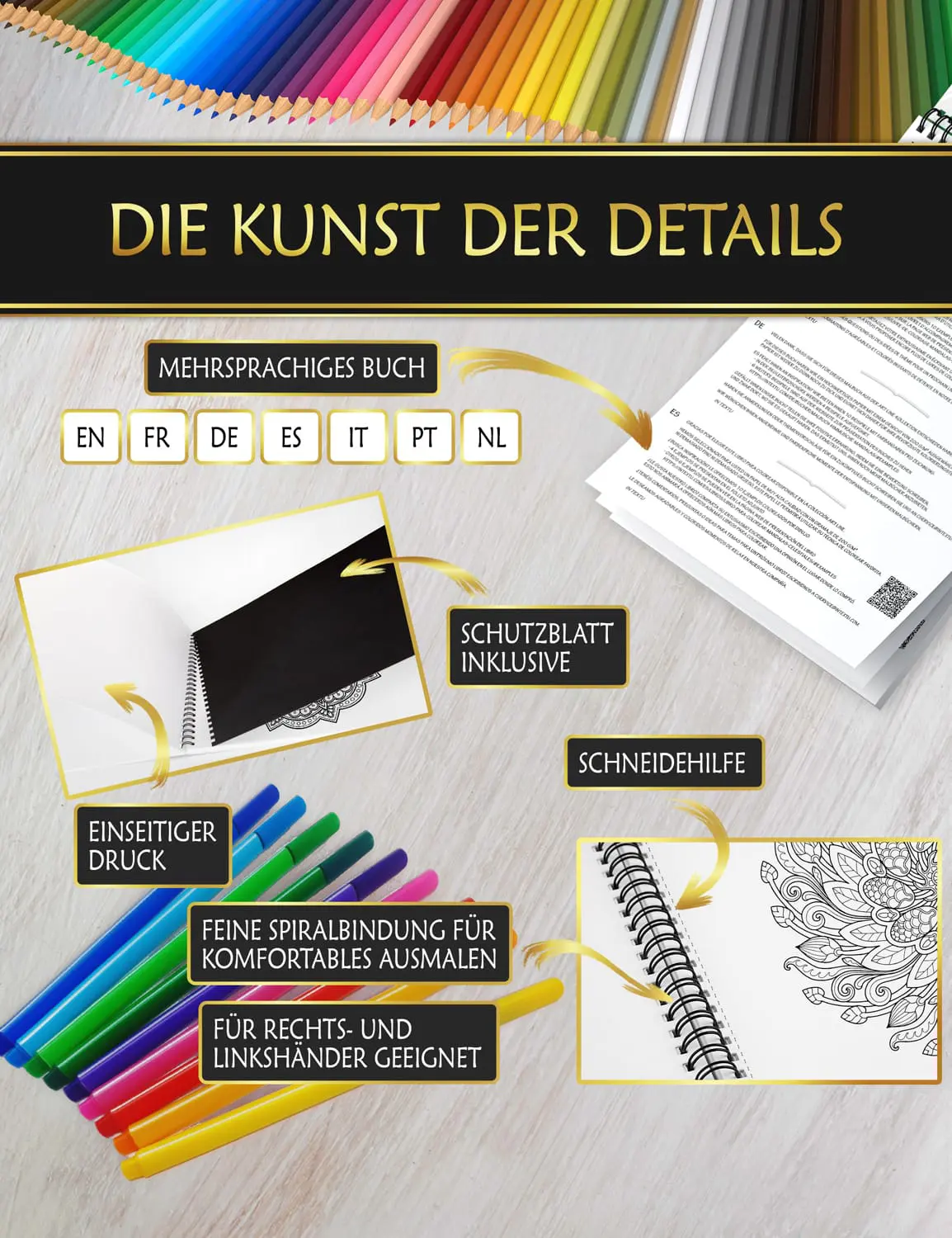 Premium-Qualität für ein perfektes Ausmalerlebnis Ausmalbuch mit Anti-Fleck-Schutzblatt, feiner Spiralbindung und Schneidehilfe für ein komfortables Malen.