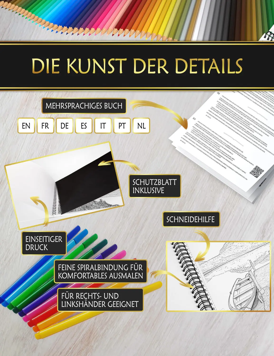 Premium-Qualität für ein perfektes Ausmalerlebnis Ausmalbuch mit Anti-Fleck-Schutzblatt, feiner Spiralbindung und Schneidehilfe für ein komfortables Malen.