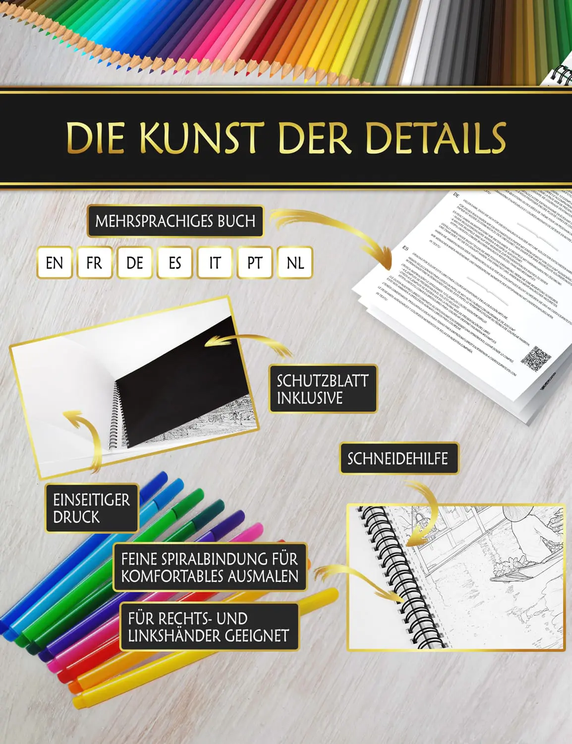 Ausmalbuch mit Anti-Fleck-Schutzblatt, feiner Spiralbindung und Schneidehilfe für ein komfortables Malen.