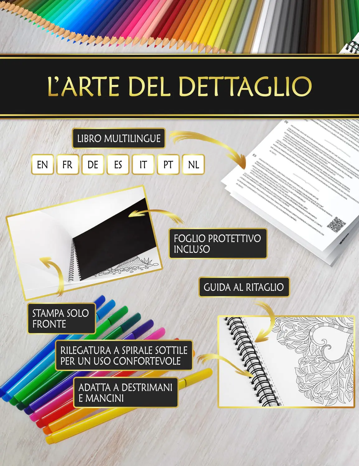 Libro con foglio protettivo anti-macchia, rilegatura a spirale fine e guida al taglio per una colorazione confortevole.