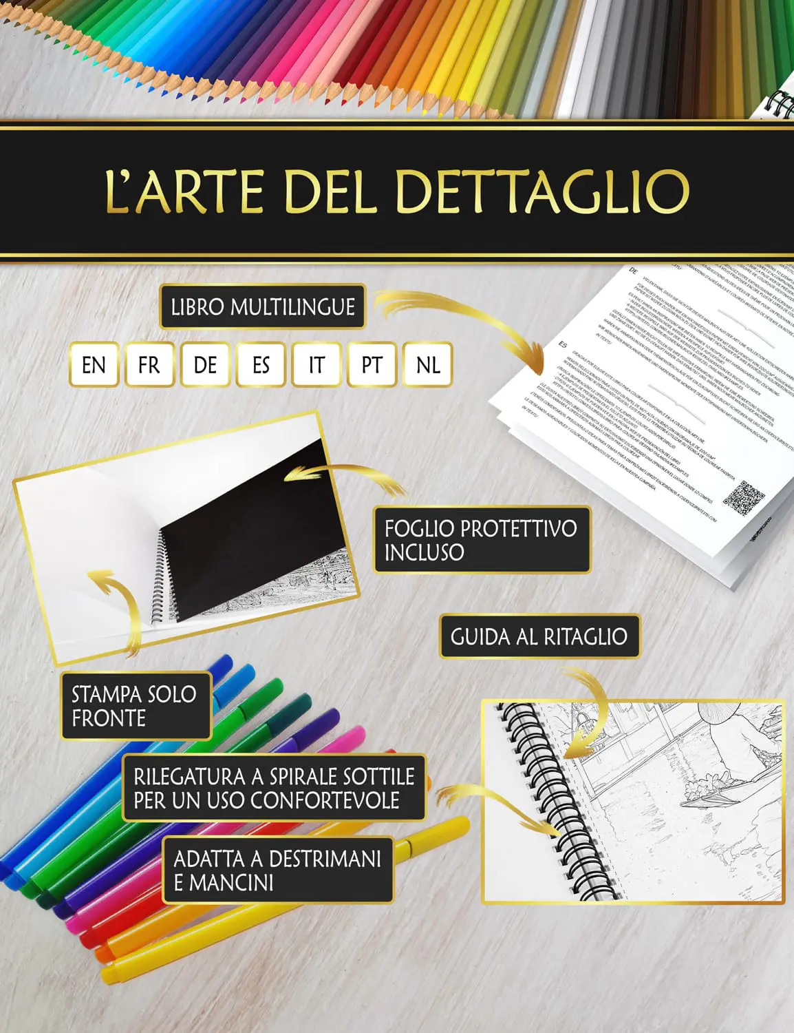 Libro con foglio protettivo anti-macchia, rilegatura a spirale fine e guida al taglio per una colorazione confortevole.