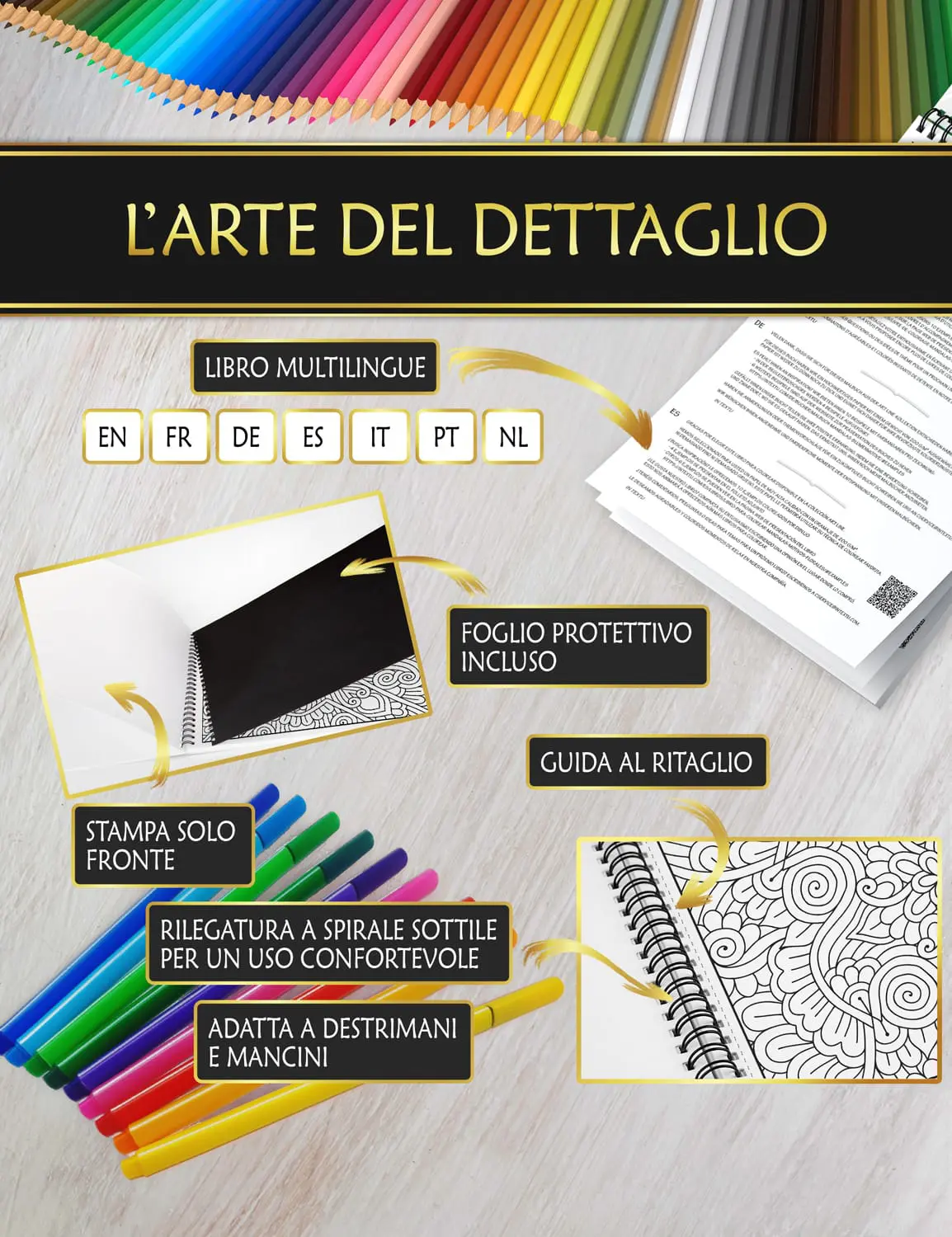 Qualità premium per un’esperienza di colorazione perfetta Libro con foglio protettivo anti-macchia, rilegatura a spirale fine e guida al taglio per una colorazione confortevole.