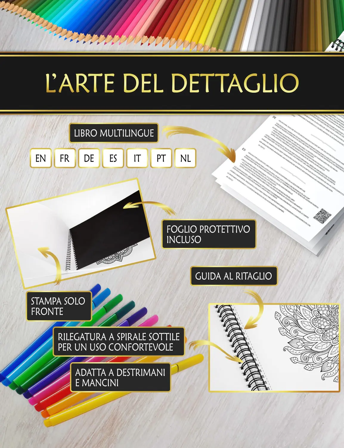 Libro con foglio protettivo anti-macchia, rilegatura a spirale fine e guida al taglio per una colorazione confortevole.
