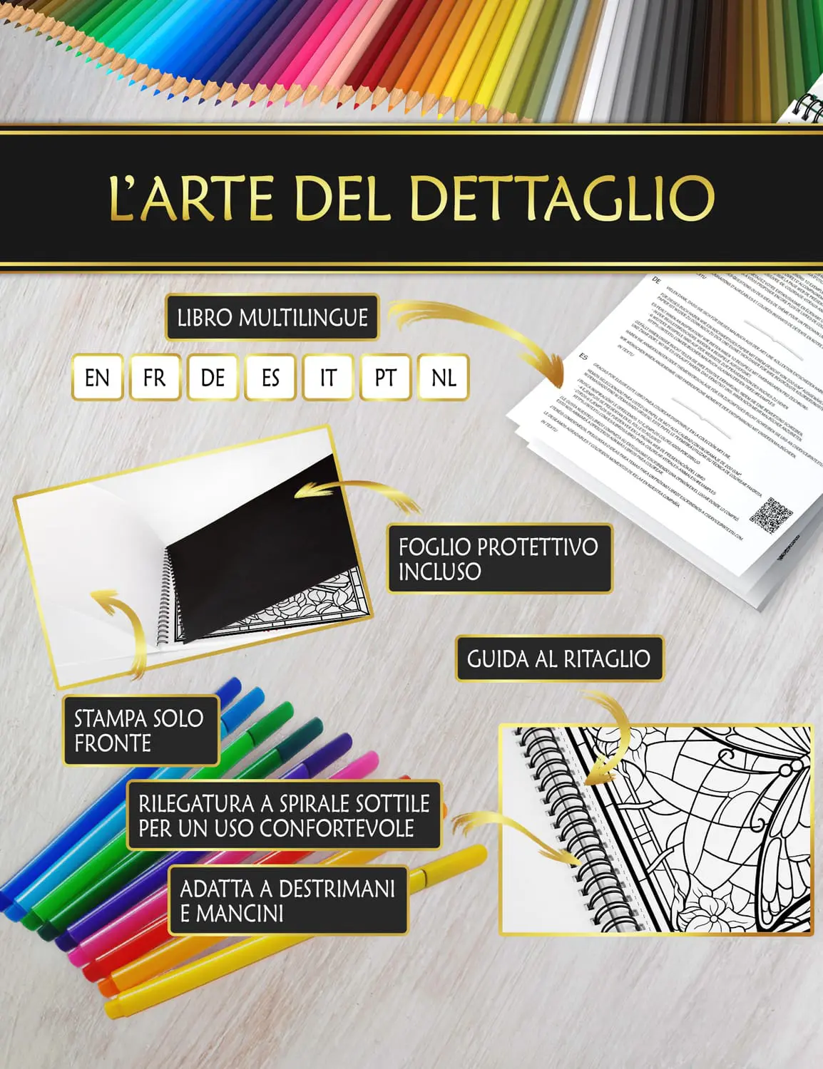 Libro con foglio protettivo anti-macchia, rilegatura a spirale fine e guida al taglio per una colorazione confortevole.