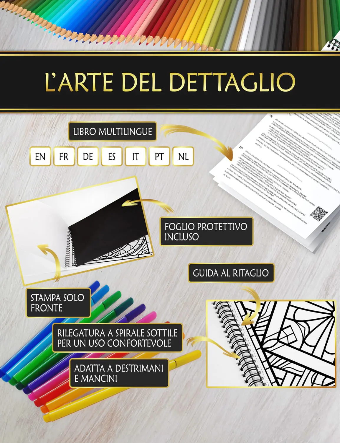 Libro con foglio protettivo anti-macchia, rilegatura a spirale fine e guida al taglio per una colorazione confortevole.