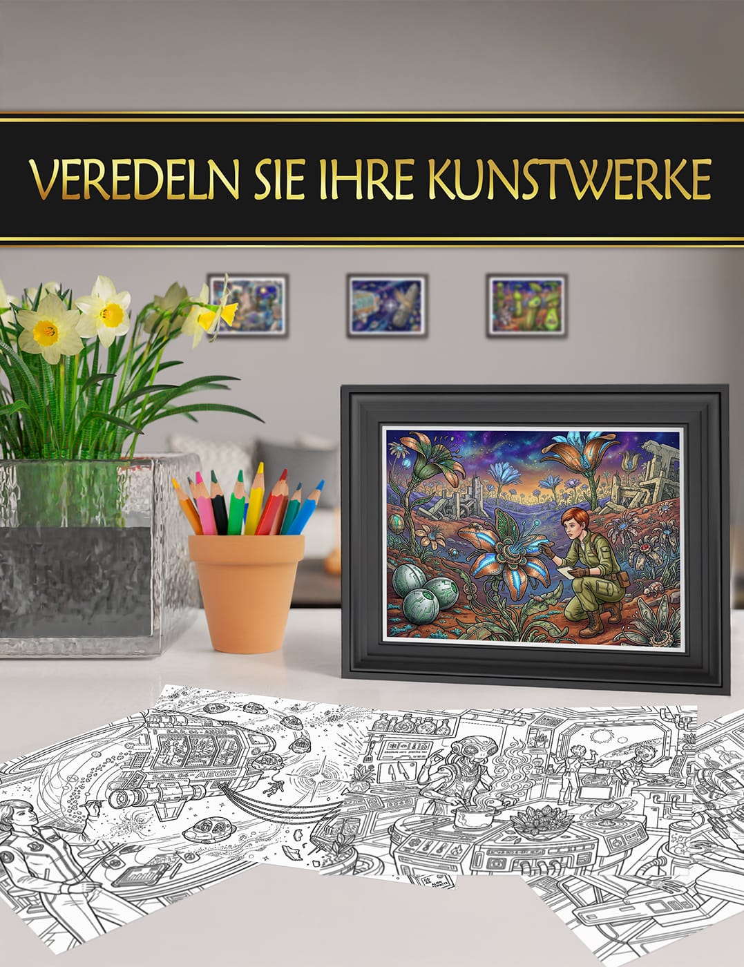 Präsentieren Sie Ihre Kunst – "Weltraumforschung" als Wanddekoration Gerahmte Ausmalbilder aus "Weltraumforschung", perfekt zur Dekoration und Präsentation Ihrer Werke.