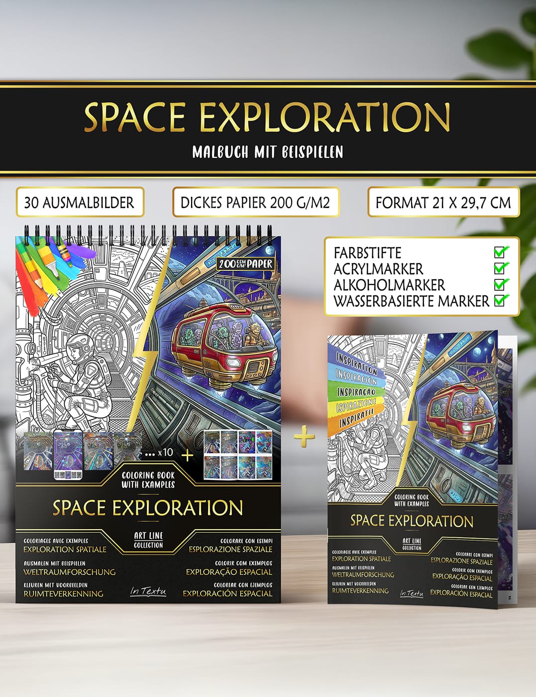 Inspirationsheft mit farbigen Beispielen – kreativer Leitfaden inklusive Beispielheft aus "Weltraumforschung", gedruckt auf dickem A4-Papier, geeignet für Buntstifte, Marker auf Wasser- oder Alkoholbasis.
