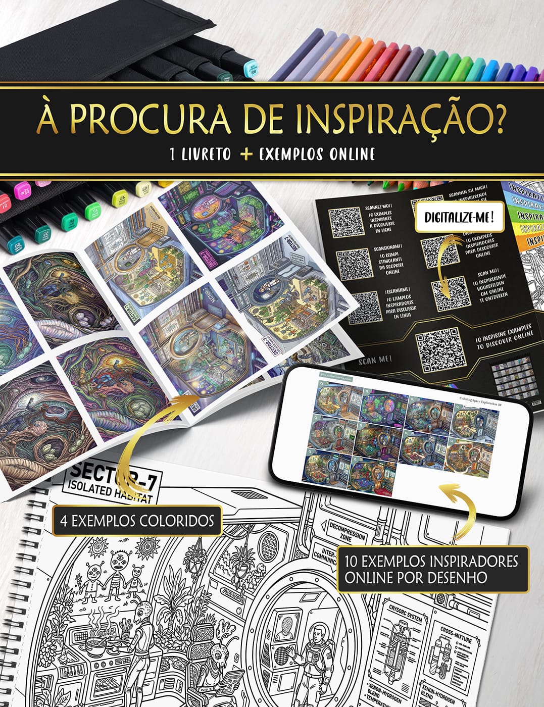 Ideias de cor online para os seus desenhos "Exploração Espacial" Encontre inspiração online com exemplos coloridos e paletas harmoniosas para os seus desenhos.