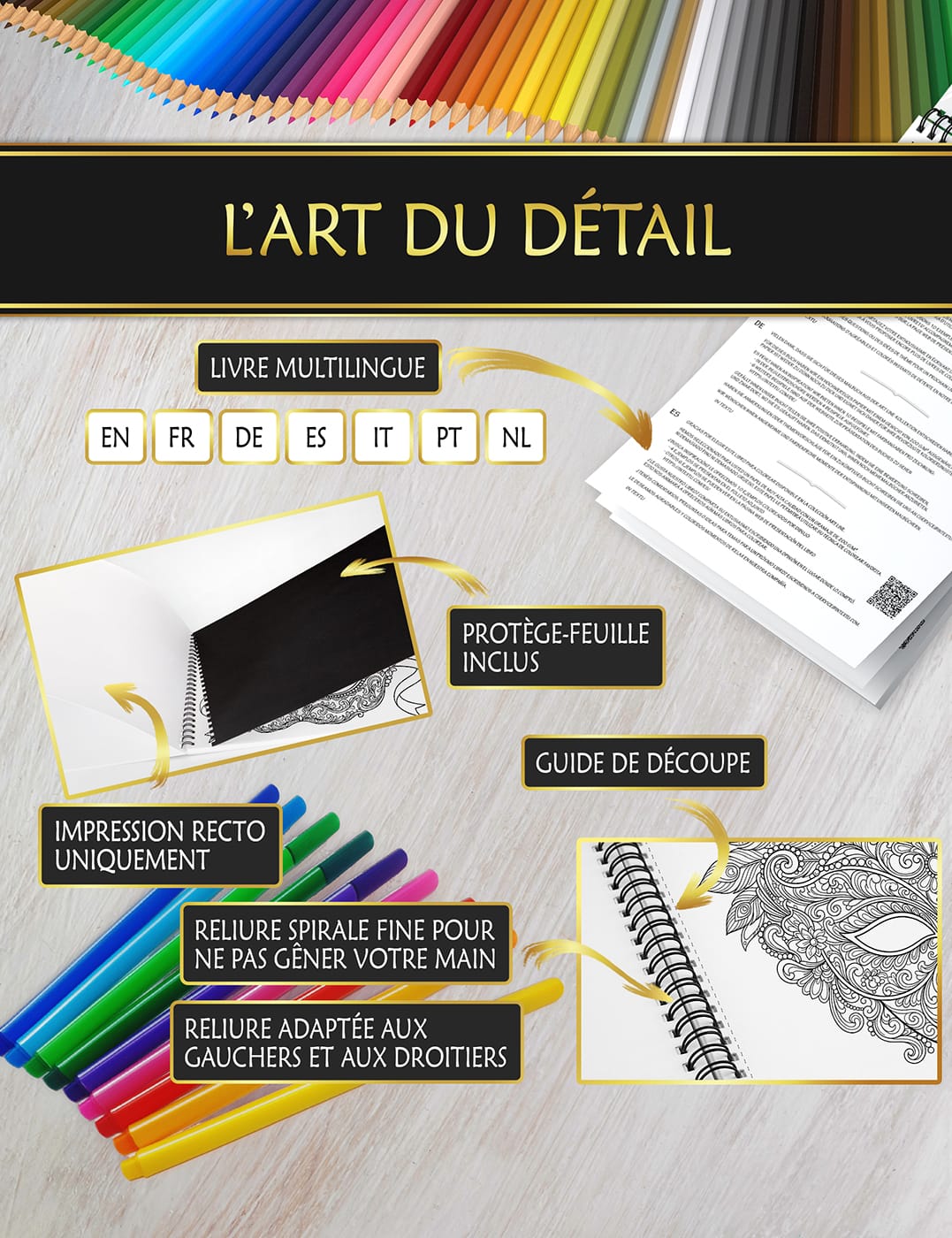 Des finitions premium pour une expérience de coloriage optimale Cahier de coloriage avec protège-feuille anti-bavure, reliure spirale fine et découpe facile pour un coloriage confortable et soigné.