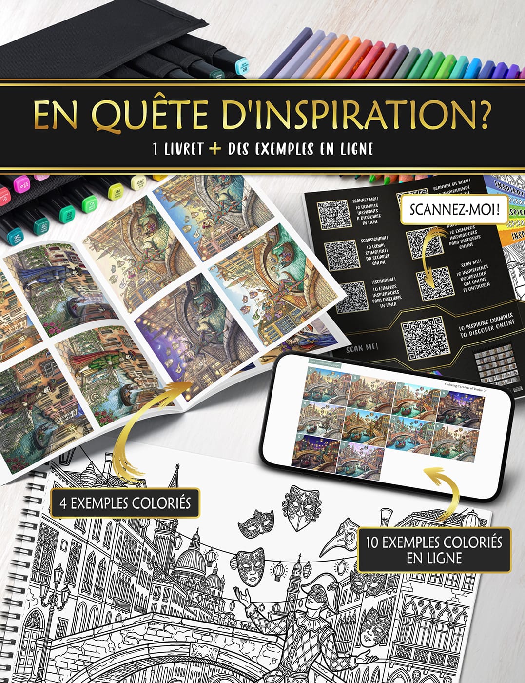 Inspiration en ligne : des idées de couleurs pour vos coloriages "Carnaval de Venise" Exemples de dessins colorisés disponibles en ligne pour trouver l’inspiration et choisir les bonnes harmonies de couleurs.