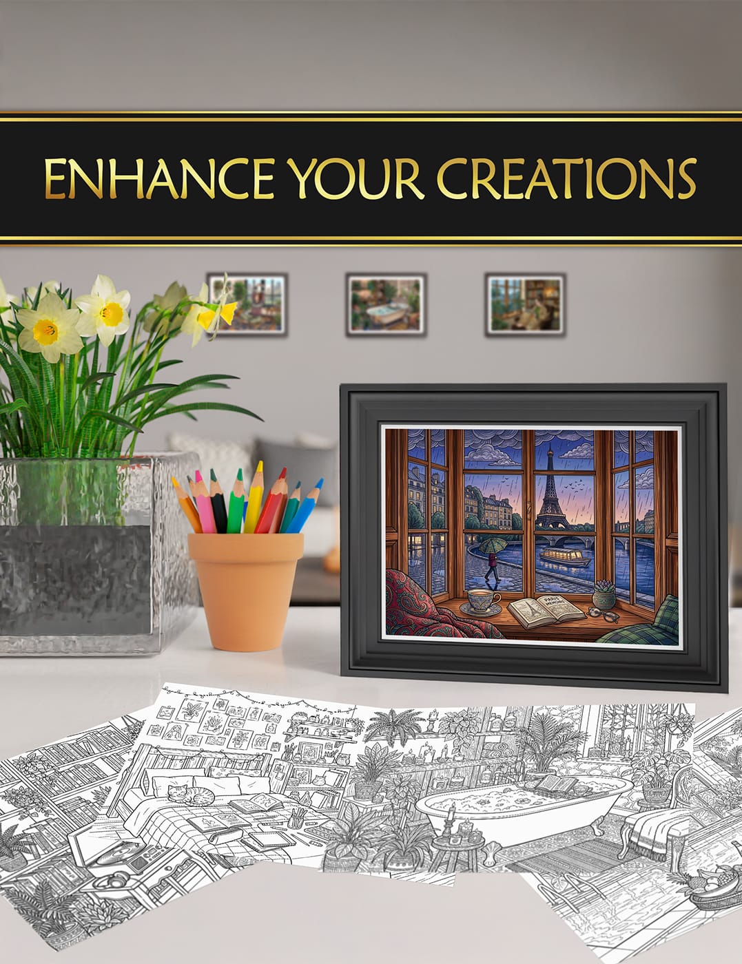 Showcase your "Cozy Interiors" creations – turn your art into decor Framed coloring pages from "Cozy Interiors", perfect for displaying your artistic creations at home.