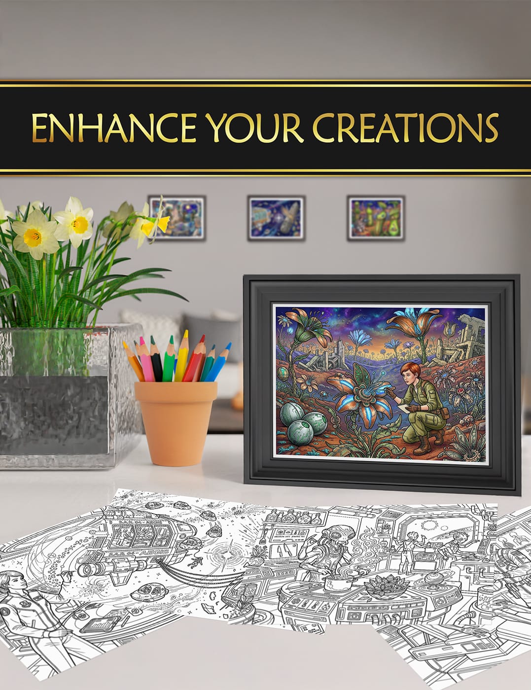 Showcase your "Space Exploration" creations – turn your art into decor Framed coloring pages from "Space Exploration", perfect for displaying your artistic creations at home.