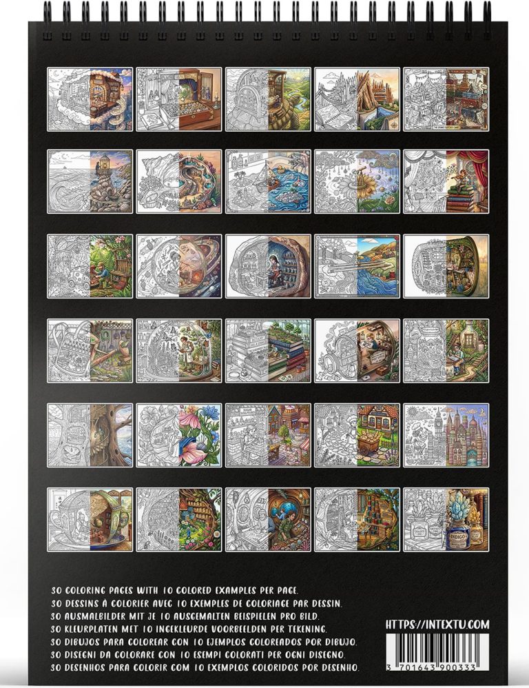 Preview of the 30 coloring pages from the "Tiny Worlds" adult coloring book for relaxation and creative escape.