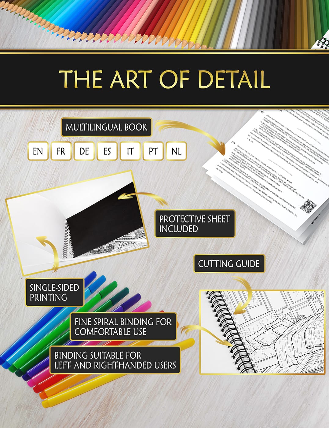 Premium design for the perfect coloring experience Coloring book with anti-bleed sheet, fine spiral binding, and easy-cut guide for smooth, comfortable coloring.