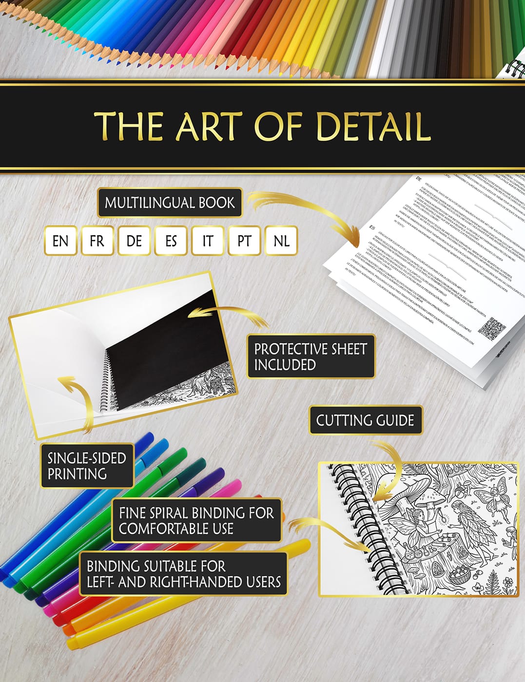 Premium design for the perfect coloring experience Coloring book with anti-bleed sheet, fine spiral binding, and easy-cut guide for smooth, comfortable coloring.
