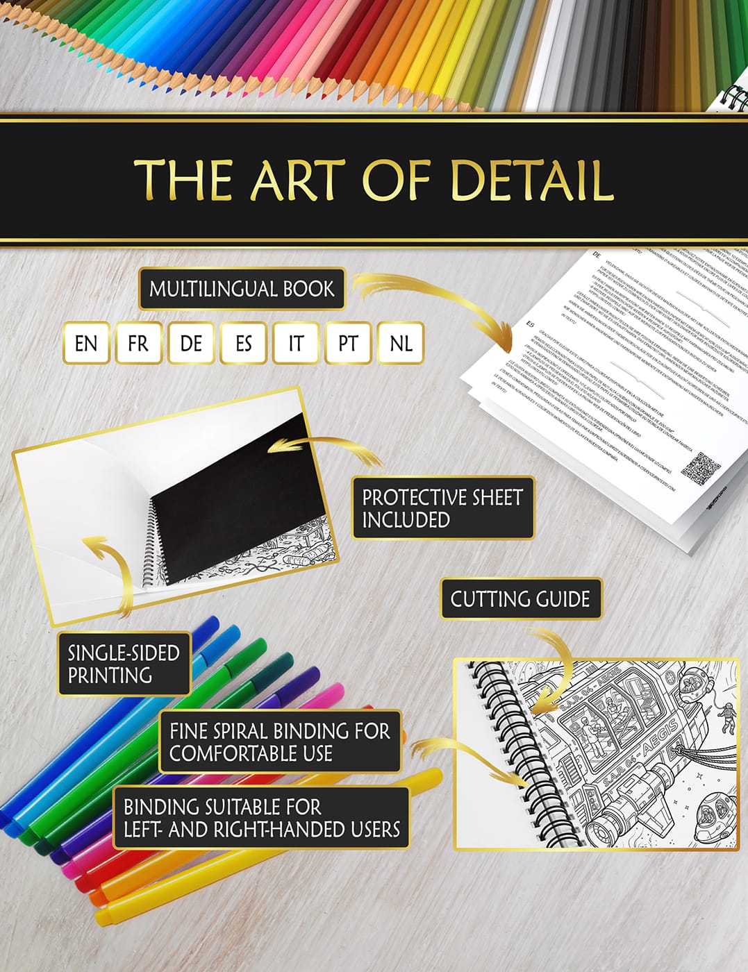 Premium design for the perfect coloring experience Coloring book with anti-bleed sheet, fine spiral binding, and easy-cut guide for smooth, comfortable coloring.
