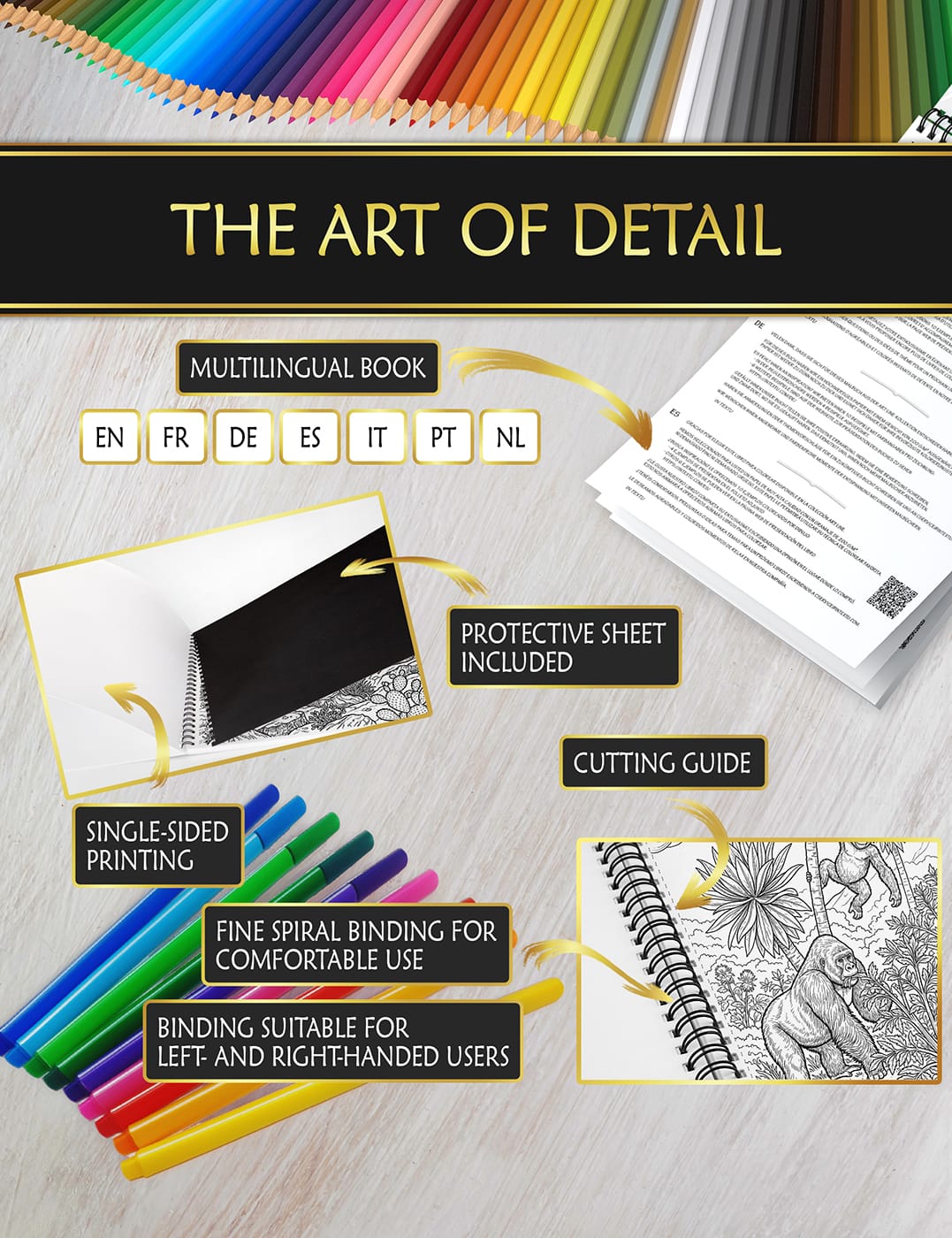 Premium design for the perfect coloring experience Coloring book with anti-bleed sheet, fine spiral binding, and easy-cut guide for smooth, comfortable coloring.