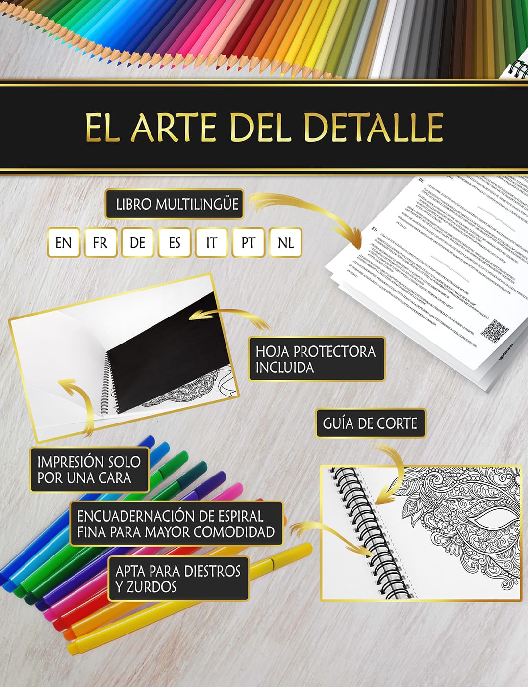 Diseño premium para una experiencia de color única Libro con hoja protectora anti manchas, encuadernación en espiral fina y guía de corte fácil para un coloreado cómodo.