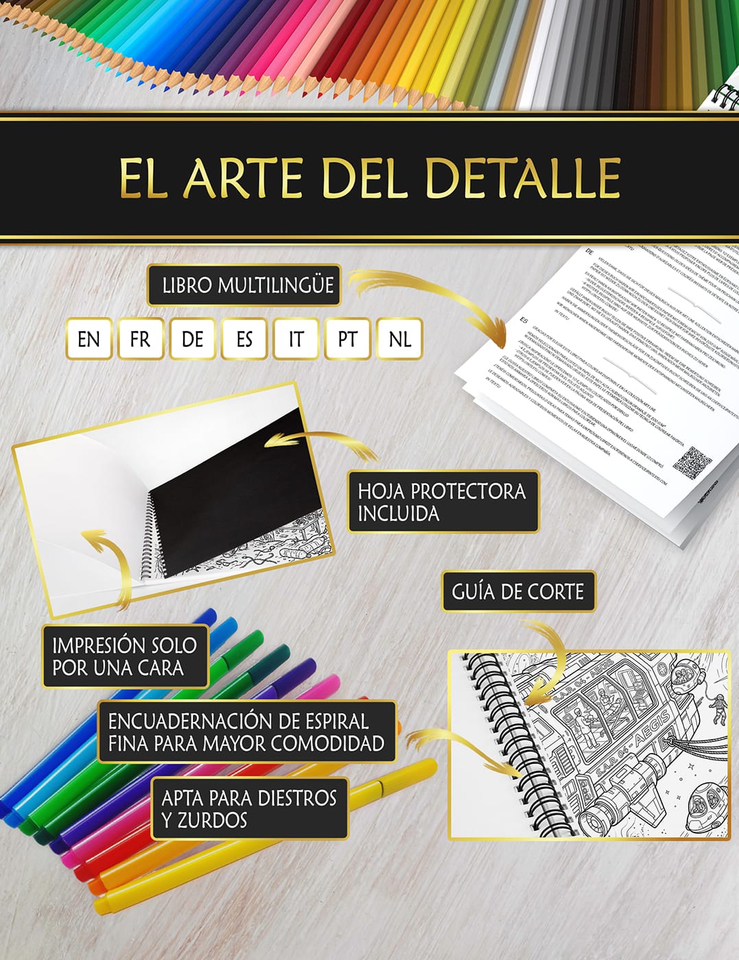 Diseño premium para una experiencia de color única Libro con hoja protectora anti manchas, encuadernación en espiral fina y guía de corte fácil para un coloreado cómodo.