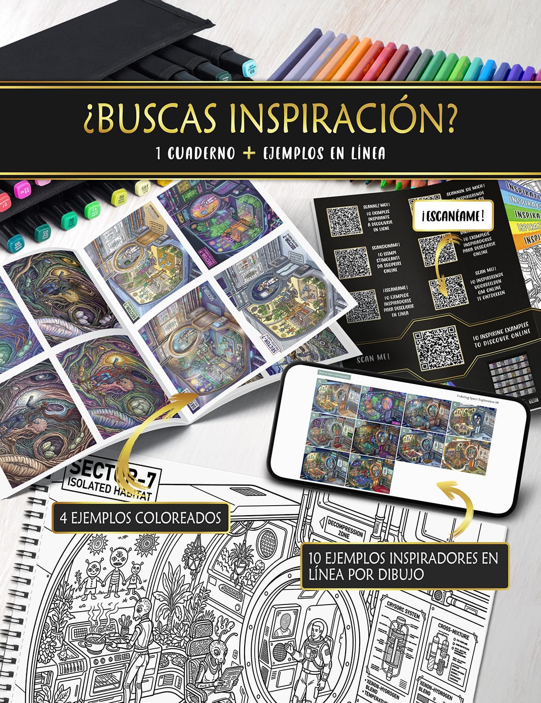 Ideas de color online para tus dibujos de "Exploración Espacial" Encuentra inspiración online con ejemplos coloreados y combinaciones de colores armoniosas.