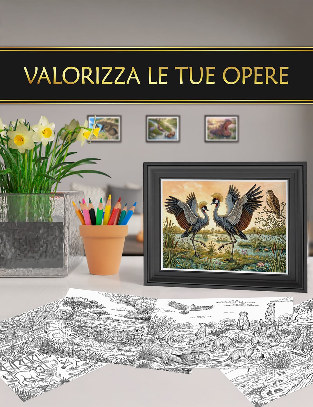 Espone le tue creazioni – "Animali Selvatici" come decorazione artistica Libro con foglio protettivo anti-macchia, rilegatura a spirale fine e guida al taglio per una colorazione confortevole.
