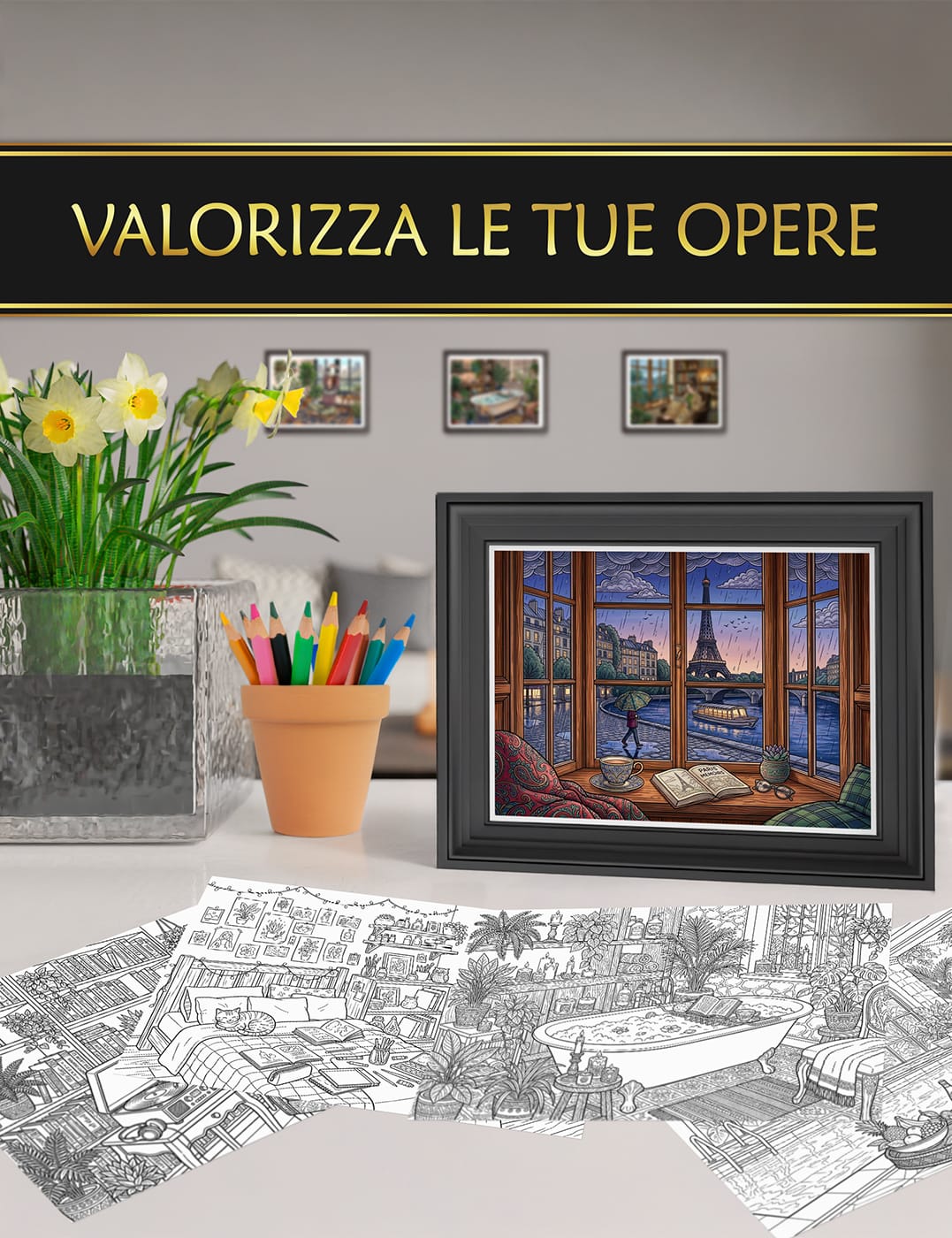 Espone le tue creazioni – "Interni Accoglienti" come decorazione artistica Disegni colorati e incorniciati dal libro "Interni Accoglienti", ideali per decorare la tua casa con stile.