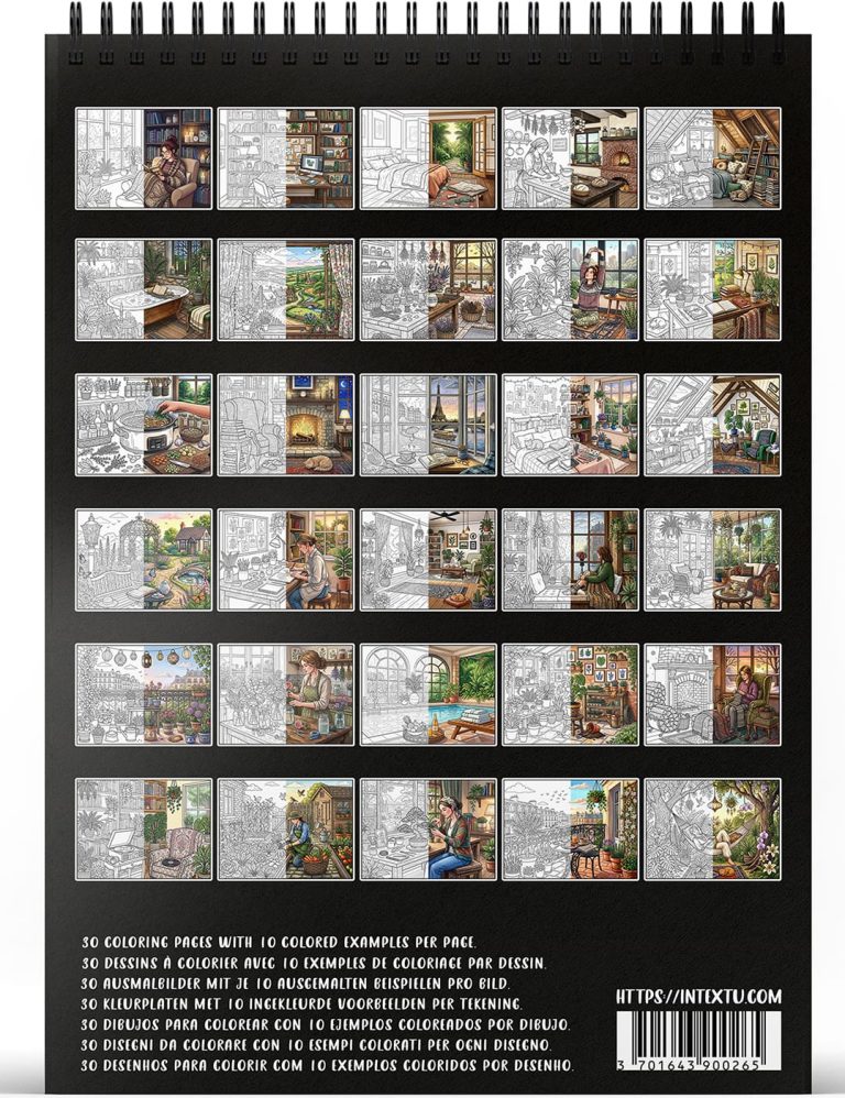 Anteprima dei 30 disegni da colorare del libro "Interni Accoglienti", perfetto per rilassarsi e stimolare la mente creativa.