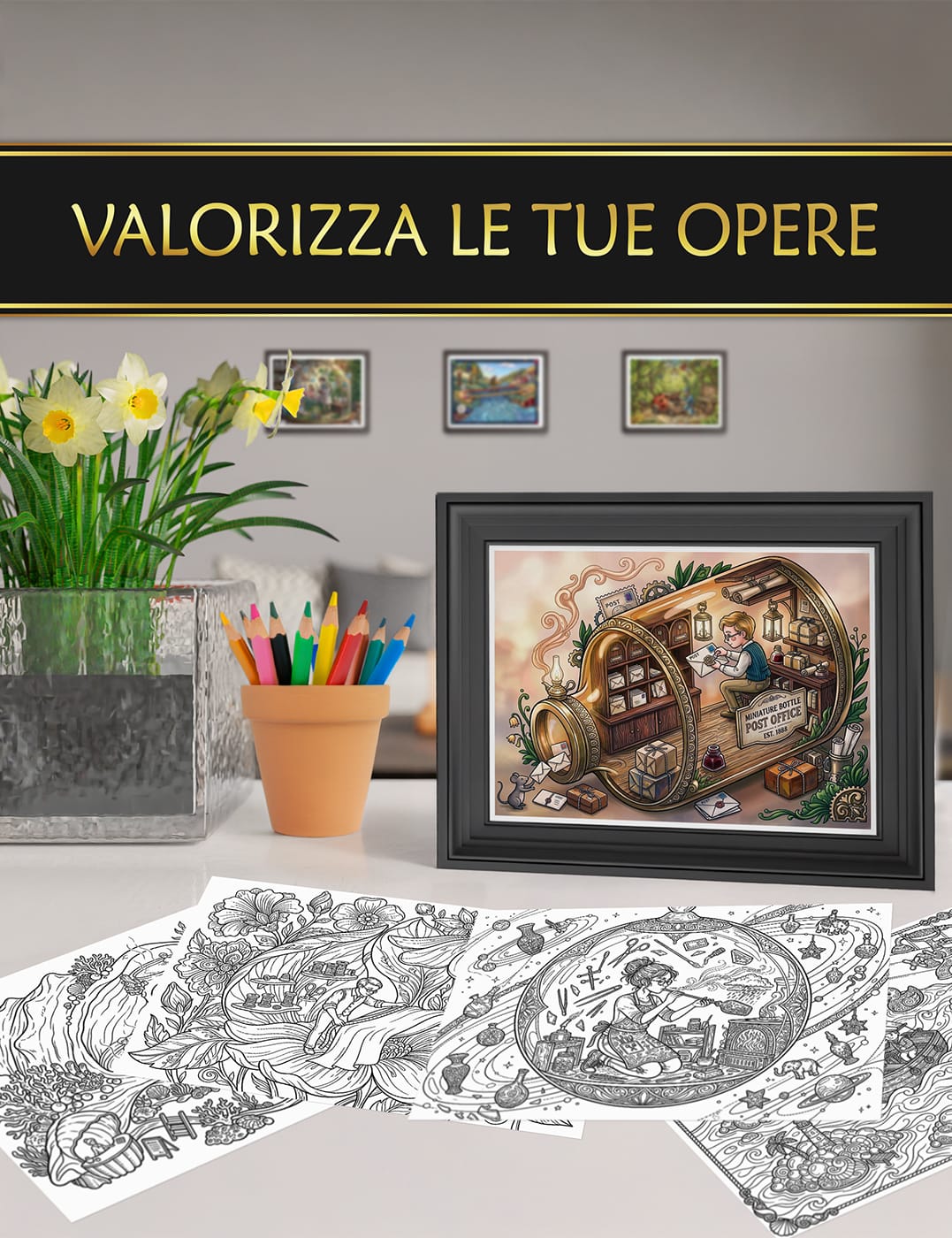 Espone le tue creazioni – "Piccoli Mondi" come decorazione artistica Disegni colorati e incorniciati dal libro "Piccoli Mondi", ideali per decorare la tua casa con stile.