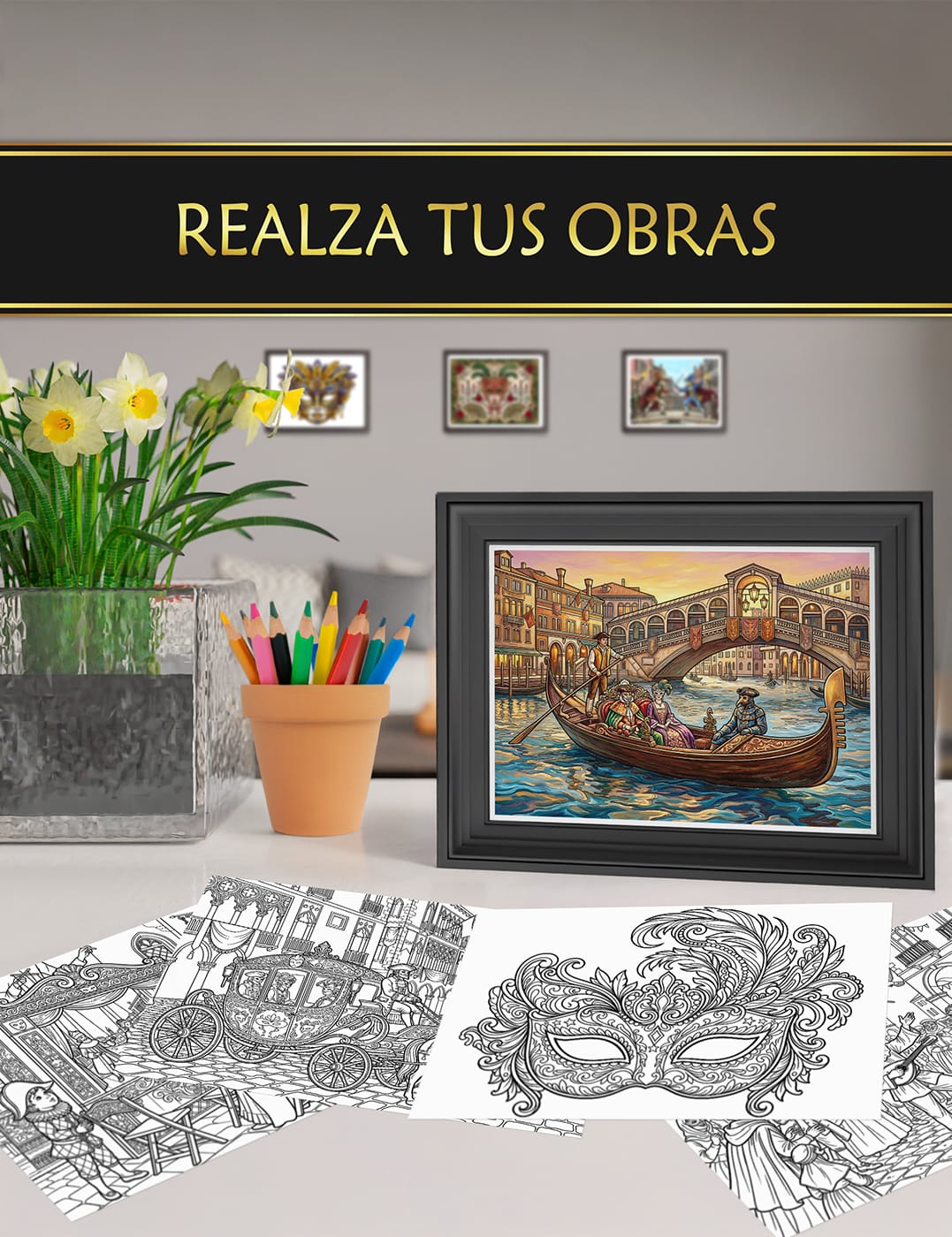 Exhibe tus creaciones – convierte "Carnaval de Venecia" en arte decorativo Ilustraciones coloreadas y enmarcadas del libro "Carnaval de Venecia", ideales para decorar tu hogar.