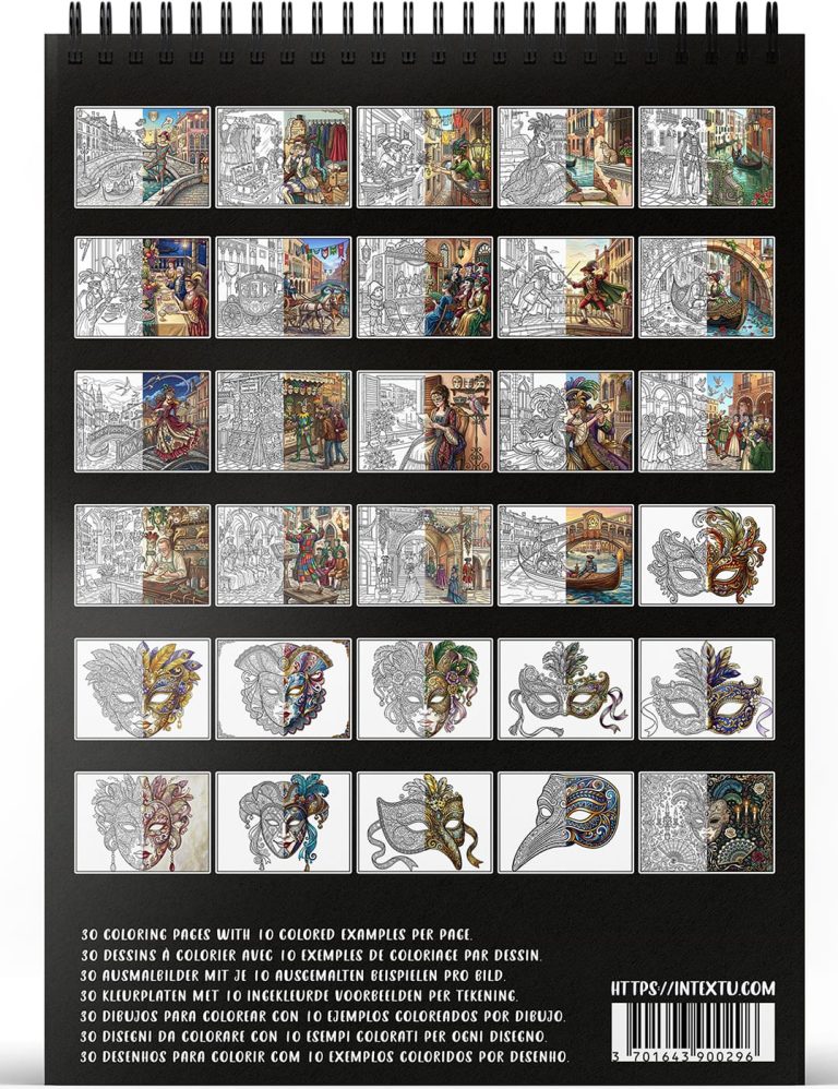 Vista previa de las 30 láminas para colorear del libro "Carnaval de Venecia", perfecto para desconectar y relajarse.