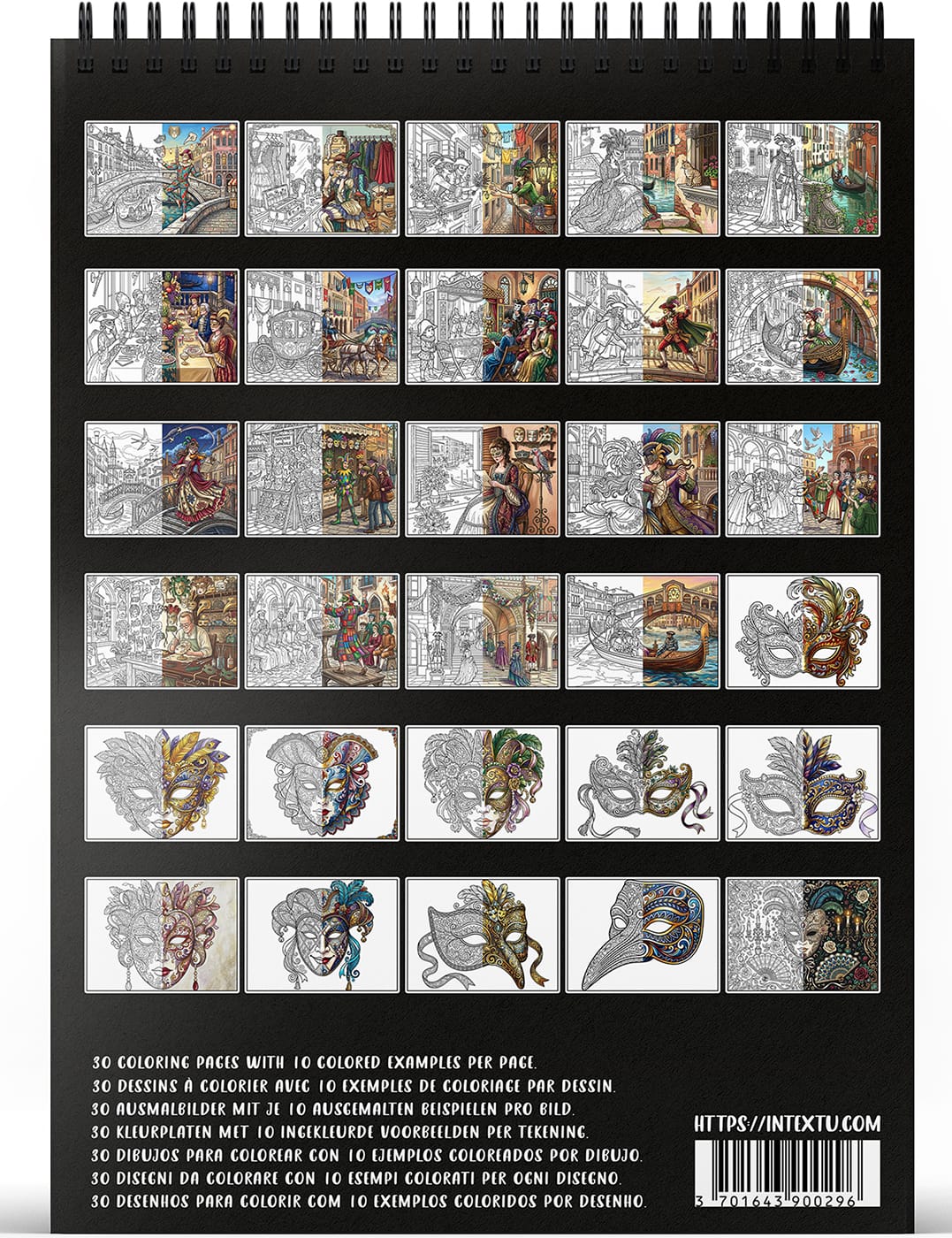 30 ilustraciones para colorear – inspiración y creatividad Vista previa de las 30 láminas para colorear del libro "Carnaval de Venecia", perfecto para desconectar y relajarse.