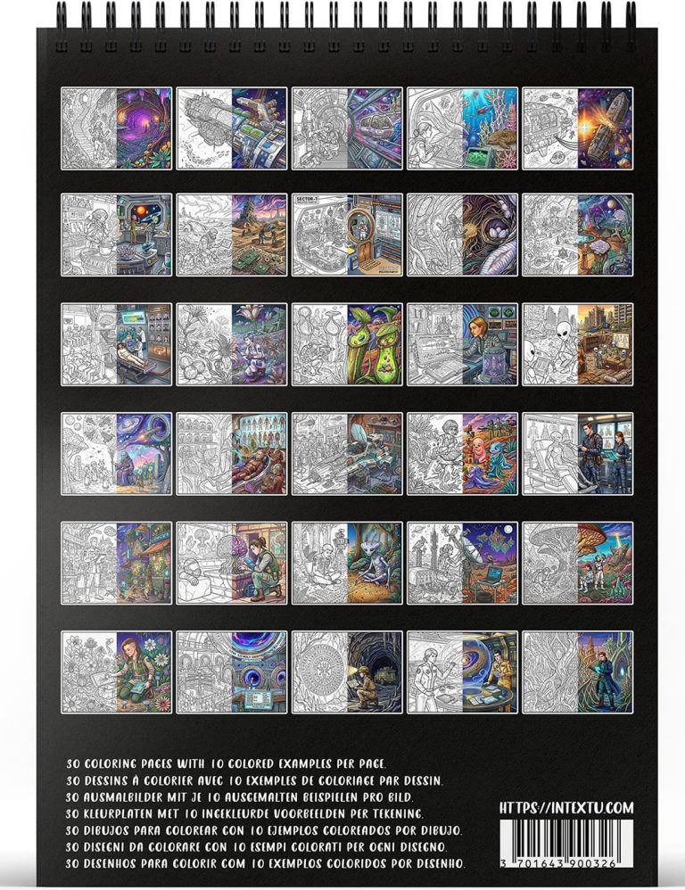 Vista previa de las 30 láminas para colorear del libro "Exploración Espacial", perfecto para desconectar y relajarse.