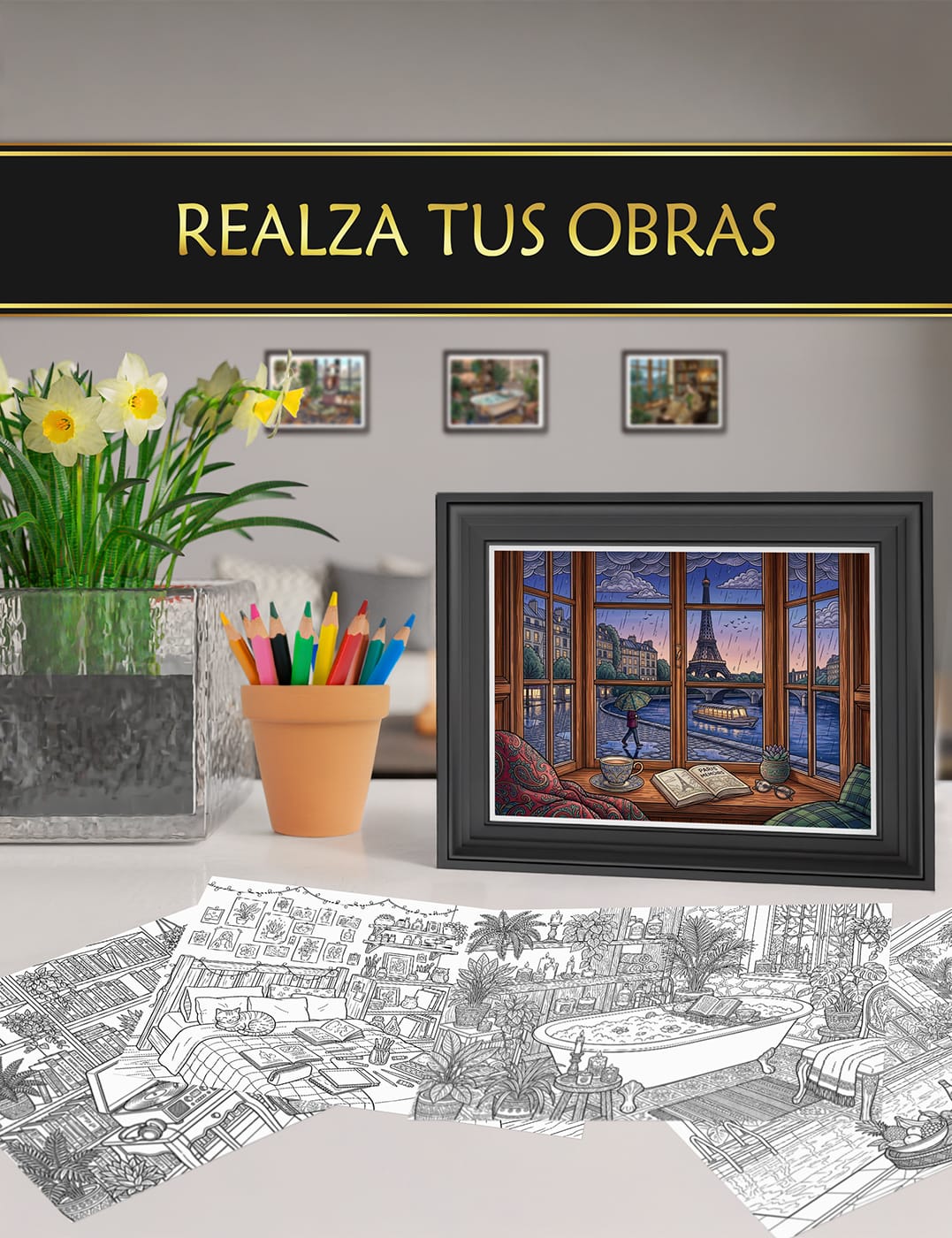 Ilustraciones coloreadas y enmarcadas del libro "Interiores Acogedores", ideales para decorar tu hogar.