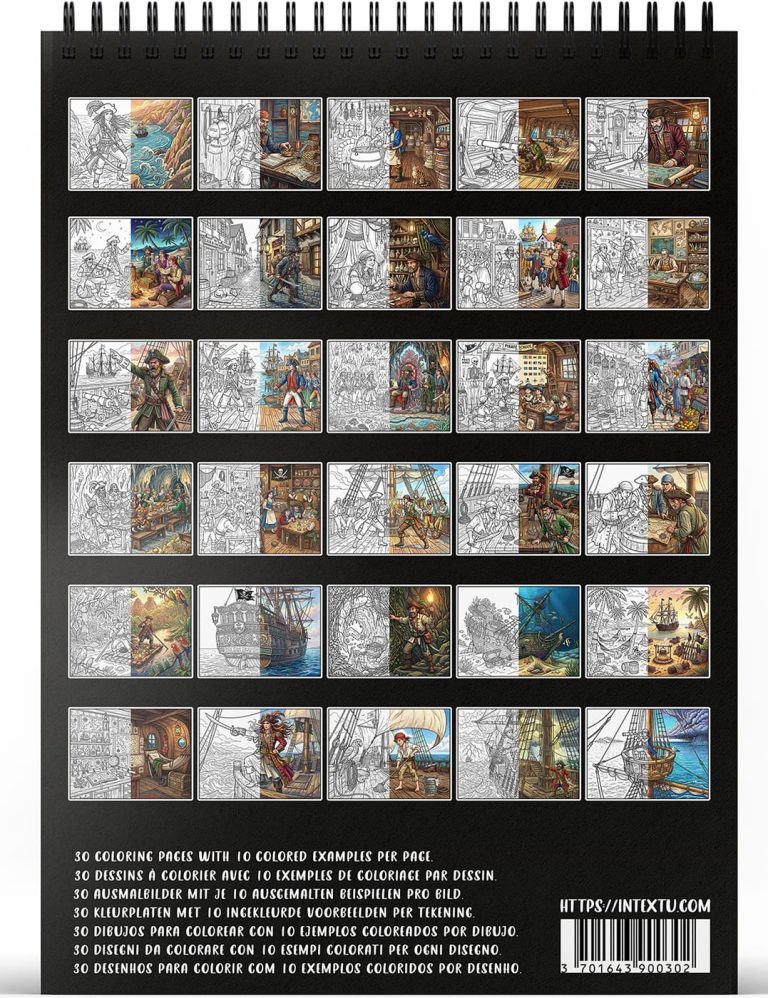 Vista previa de las 30 láminas para colorear del libro "Piratas", perfecto para desconectar y relajarse.