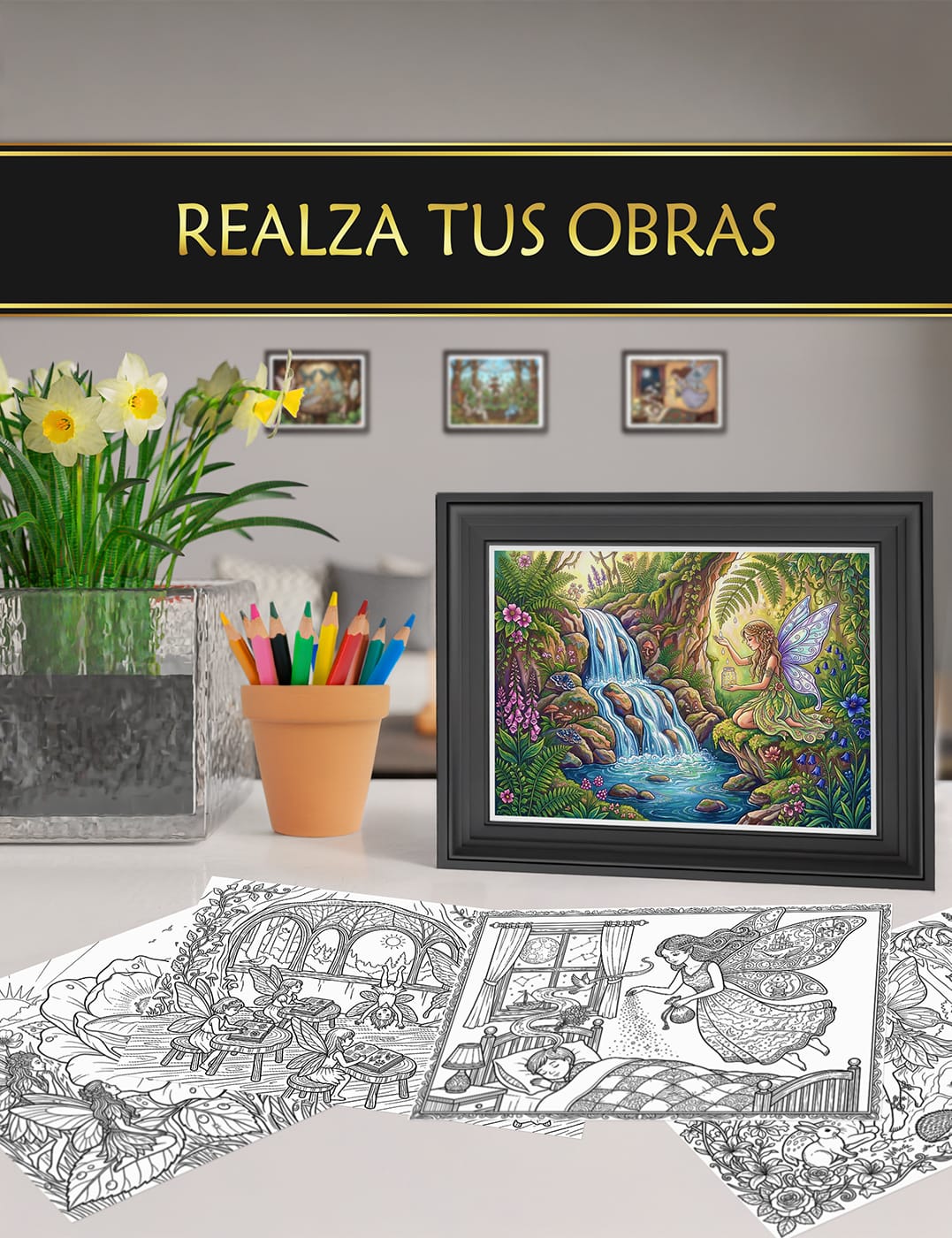 Exhibe tus creaciones – convierte "Secretos de Hadas" en arte decorativo Ilustraciones coloreadas y enmarcadas del libro "Secretos de Hadas", ideales para decorar tu hogar.