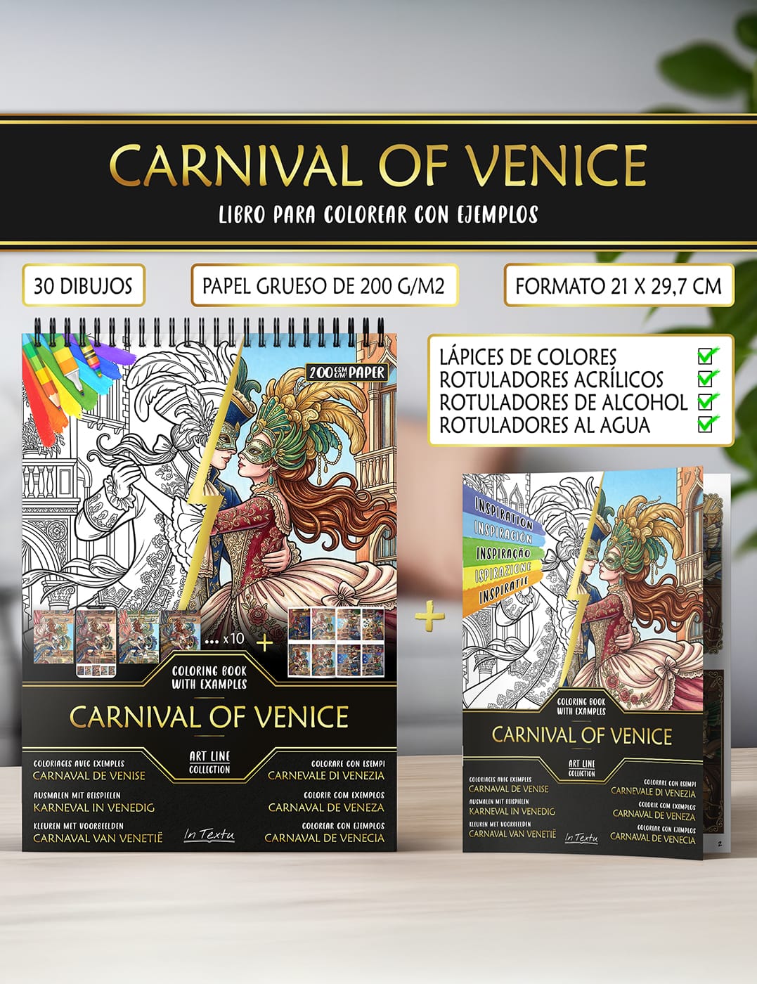 Cuaderno de inspiración con ejemplos coloreados – guía creativa incluida Cuaderno de ejemplos de "Carnaval de Venecia", impreso en papel grueso A4, apto para lápices de color y rotuladores al agua o al alcohol.