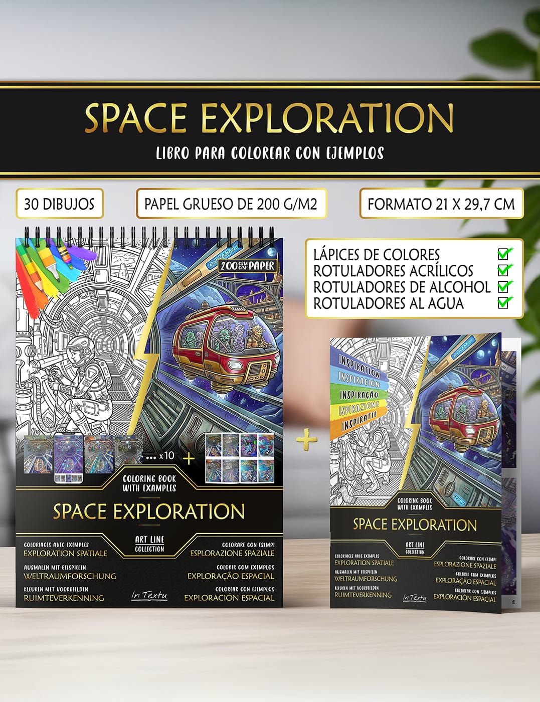 Cuaderno de inspiración con ejemplos coloreados – guía creativa incluida Cuaderno de ejemplos de "Exploración Espacial", impreso en papel grueso A4, apto para lápices de color y rotuladores al agua o al alcohol.