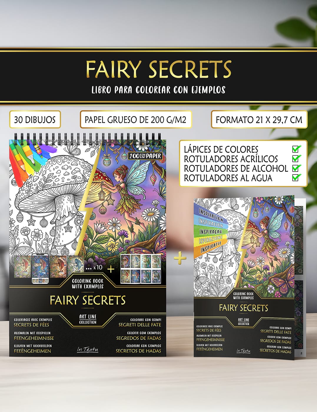 Cuaderno de inspiración con ejemplos coloreados – guía creativa incluida Cuaderno de ejemplos de "Secretos de Hadas", impreso en papel grueso A4, apto para lápices de color y rotuladores al agua o al alcohol.