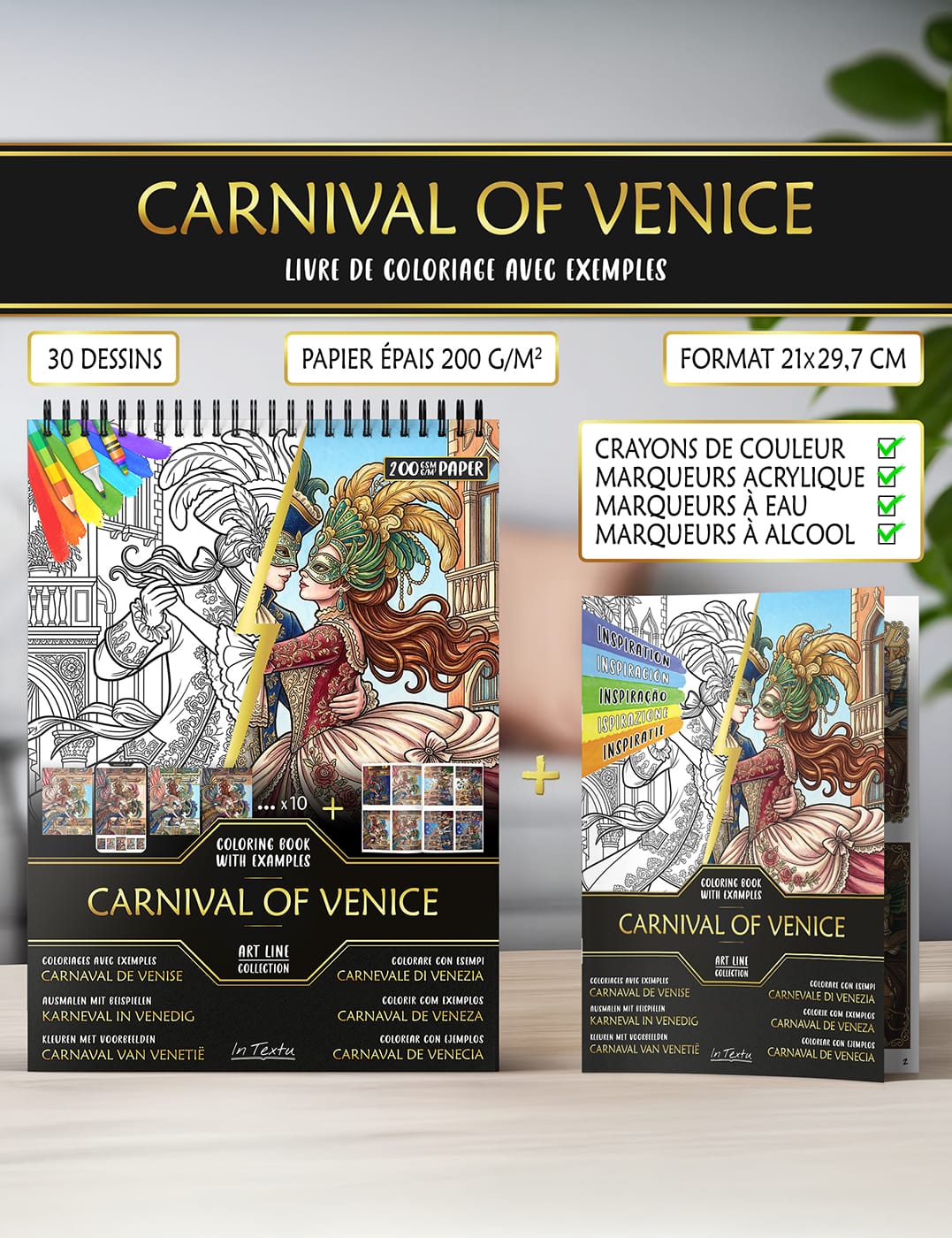 Livret d’inspiration avec exemples de coloriages terminés – guide créatif inclus Livret d’exemples colorisés du livre de coloriage "Carnaval de Venise", papier épais A4 compatible avec crayons de couleur, feutres, marqueurs à eau ou à alcool.