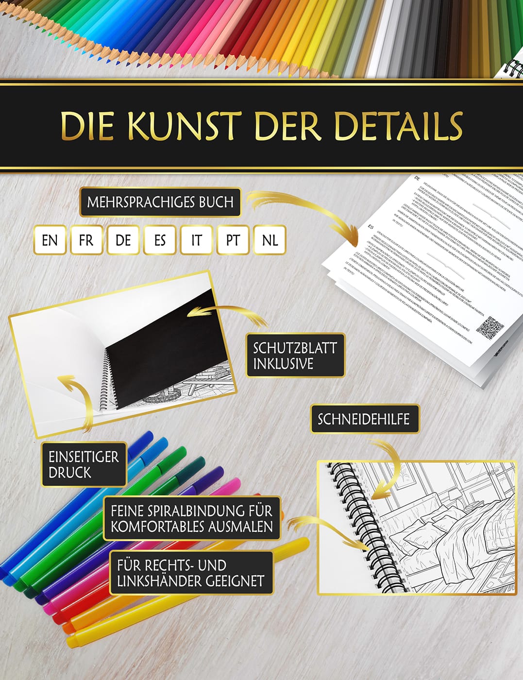 Premium-Qualität für ein perfektes Ausmalerlebnis Ausmalbuch mit Anti-Fleck-Schutzblatt, feiner Spiralbindung und Schneidehilfe für ein komfortables Malen.