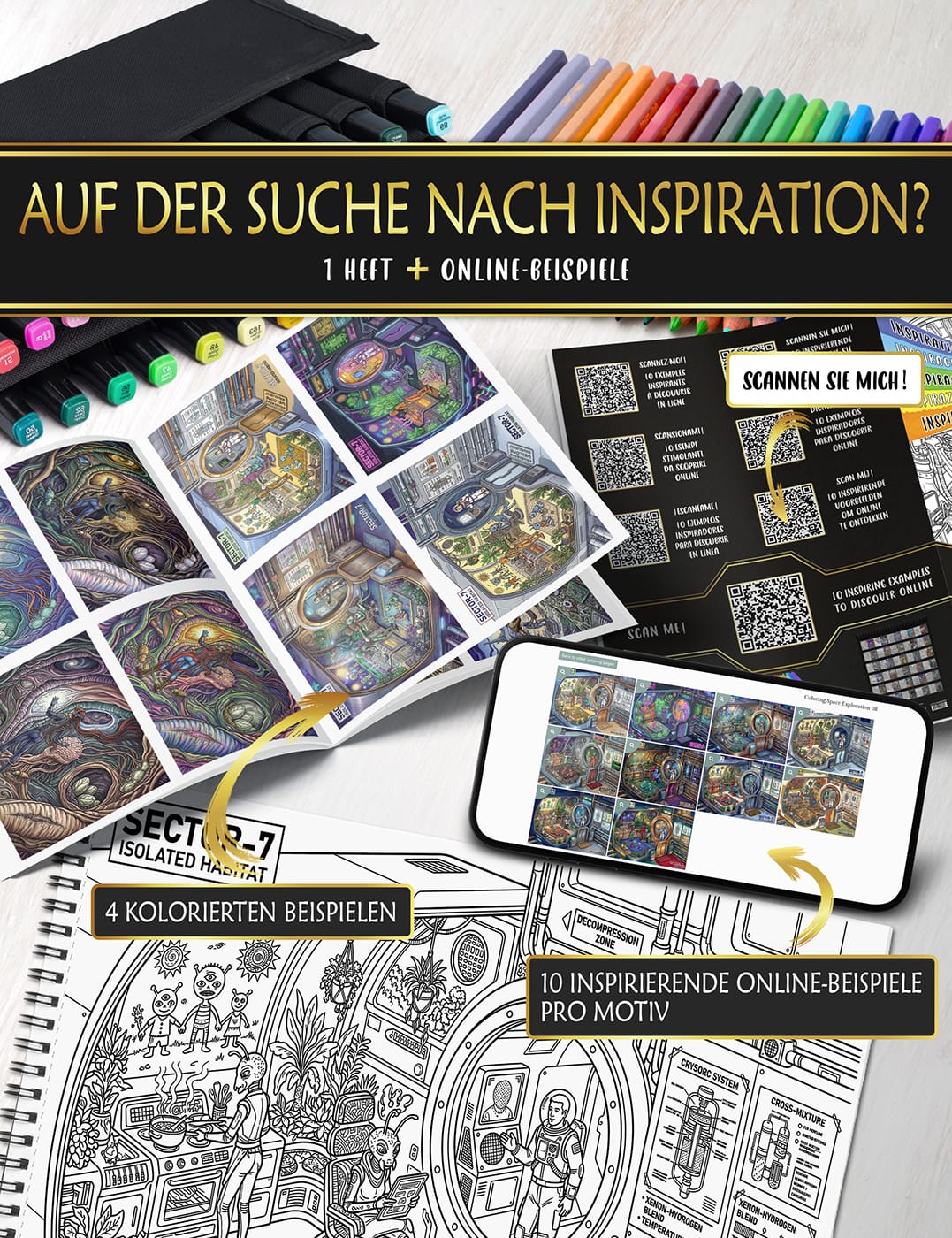 Online-Farbideen für Ihre "Weltraumforschung"-Bilder Farbige Online-Beispiele, um Inspiration und Farbharmonie für Ihre Ausmalbilder zu finden.