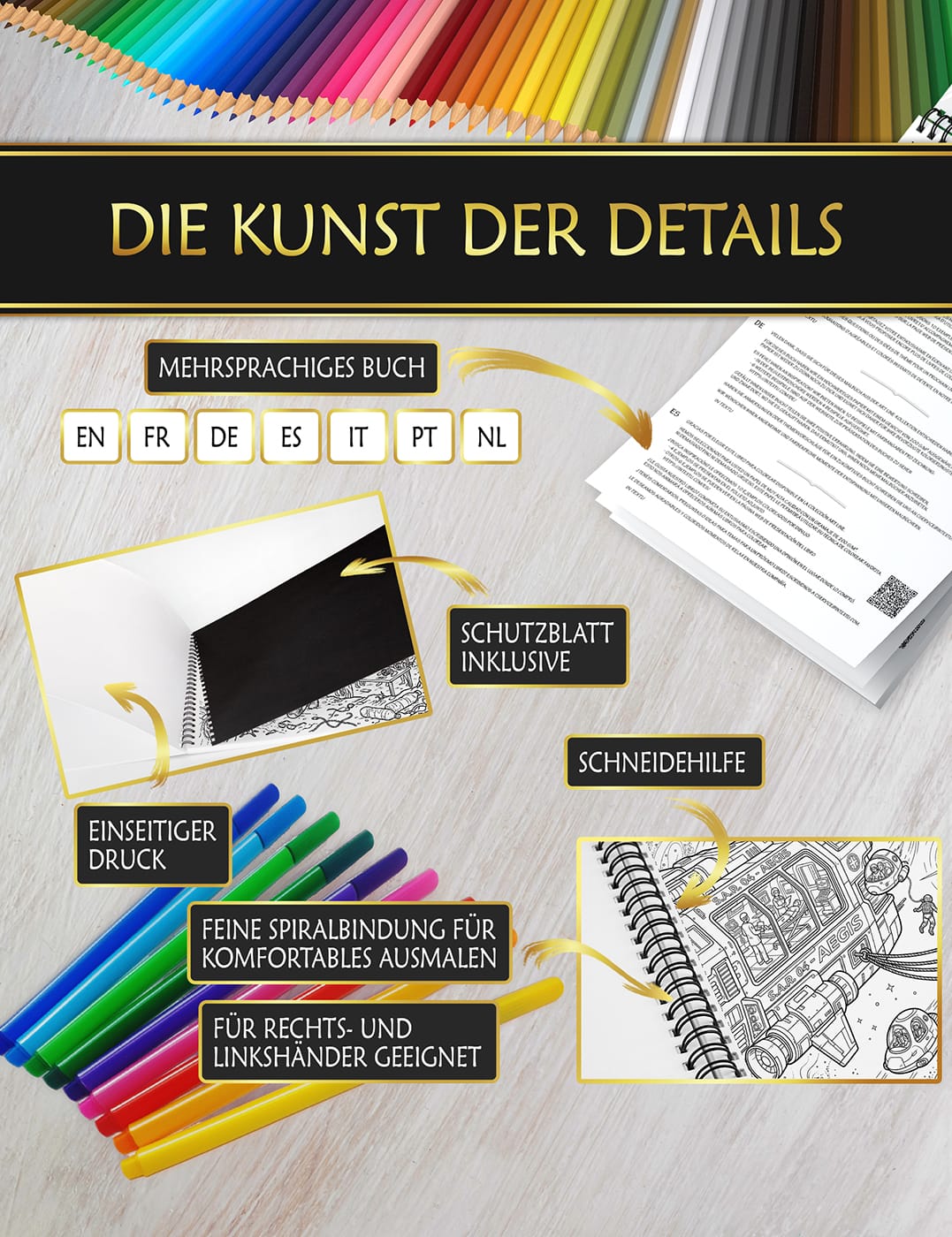 Premium-Qualität für ein perfektes Ausmalerlebnis Ausmalbuch mit Anti-Fleck-Schutzblatt, feiner Spiralbindung und Schneidehilfe für ein komfortables Malen.