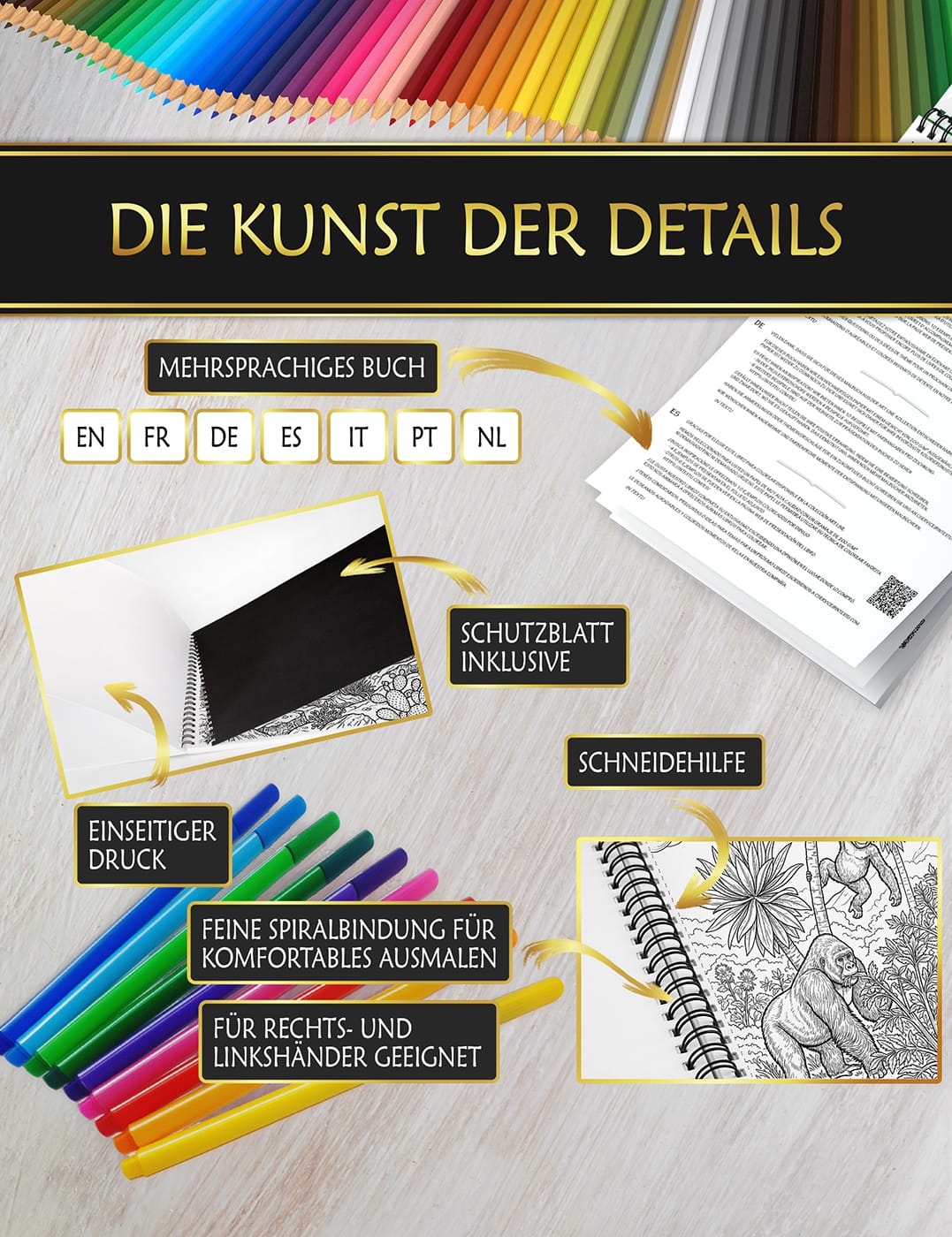 Premium-Qualität für ein perfektes Ausmalerlebnis Ausmalbuch mit Anti-Fleck-Schutzblatt, feiner Spiralbindung und Schneidehilfe für ein komfortables Malen.