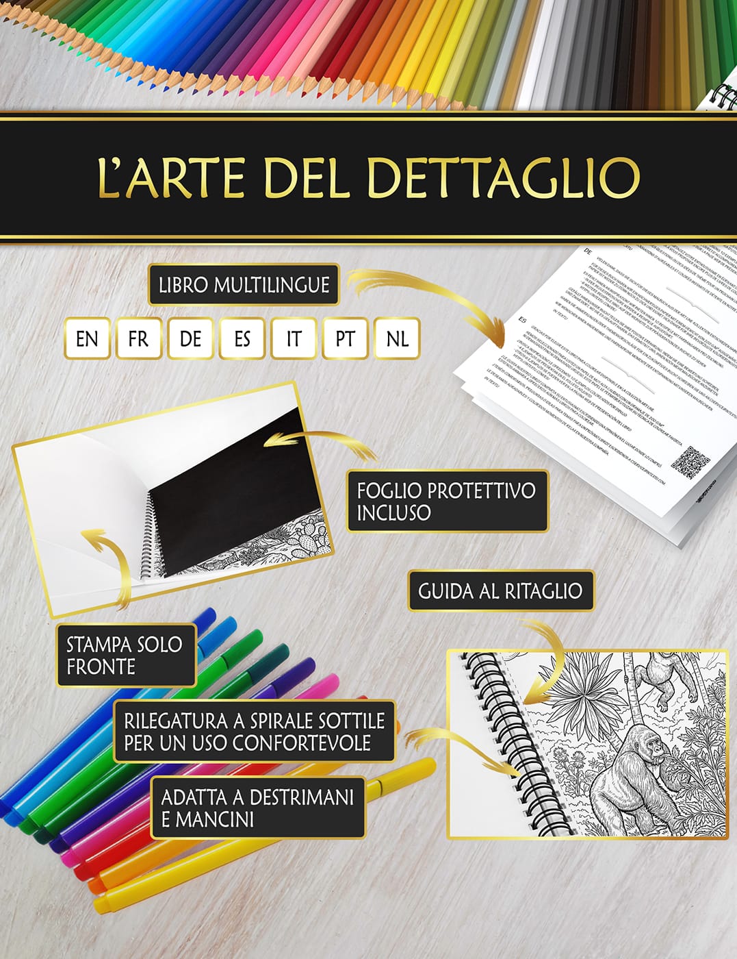 Qualità premium per un’esperienza di colorazione perfetta Libro con foglio protettivo anti-macchia, rilegatura a spirale fine e guida al taglio per una colorazione confortevole.