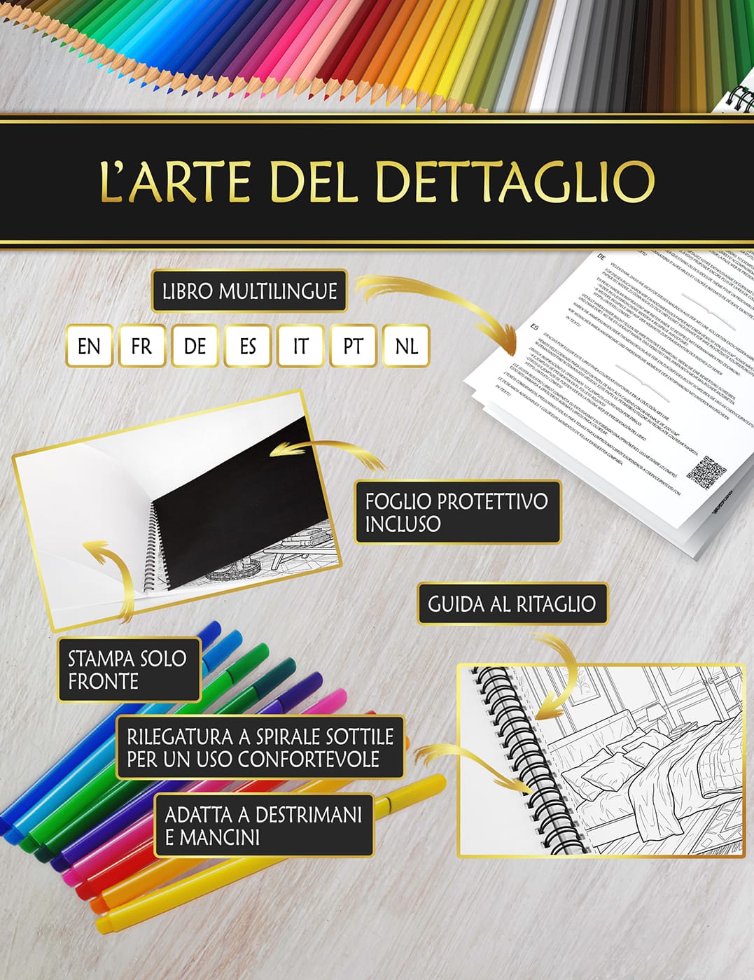 Qualità premium per un’esperienza di colorazione perfetta Libro con foglio protettivo anti-macchia, rilegatura a spirale fine e guida al taglio per una colorazione confortevole.