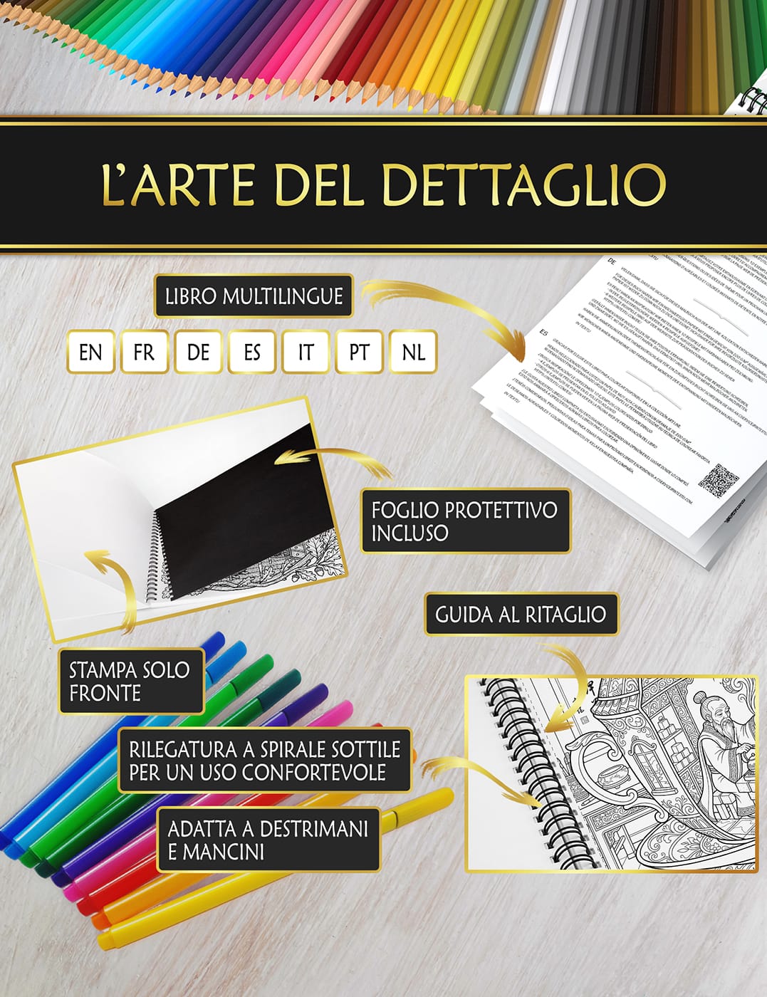 Qualità premium per un’esperienza di colorazione perfetta Libro con foglio protettivo anti-macchia, rilegatura a spirale fine e guida al taglio per una colorazione confortevole.
